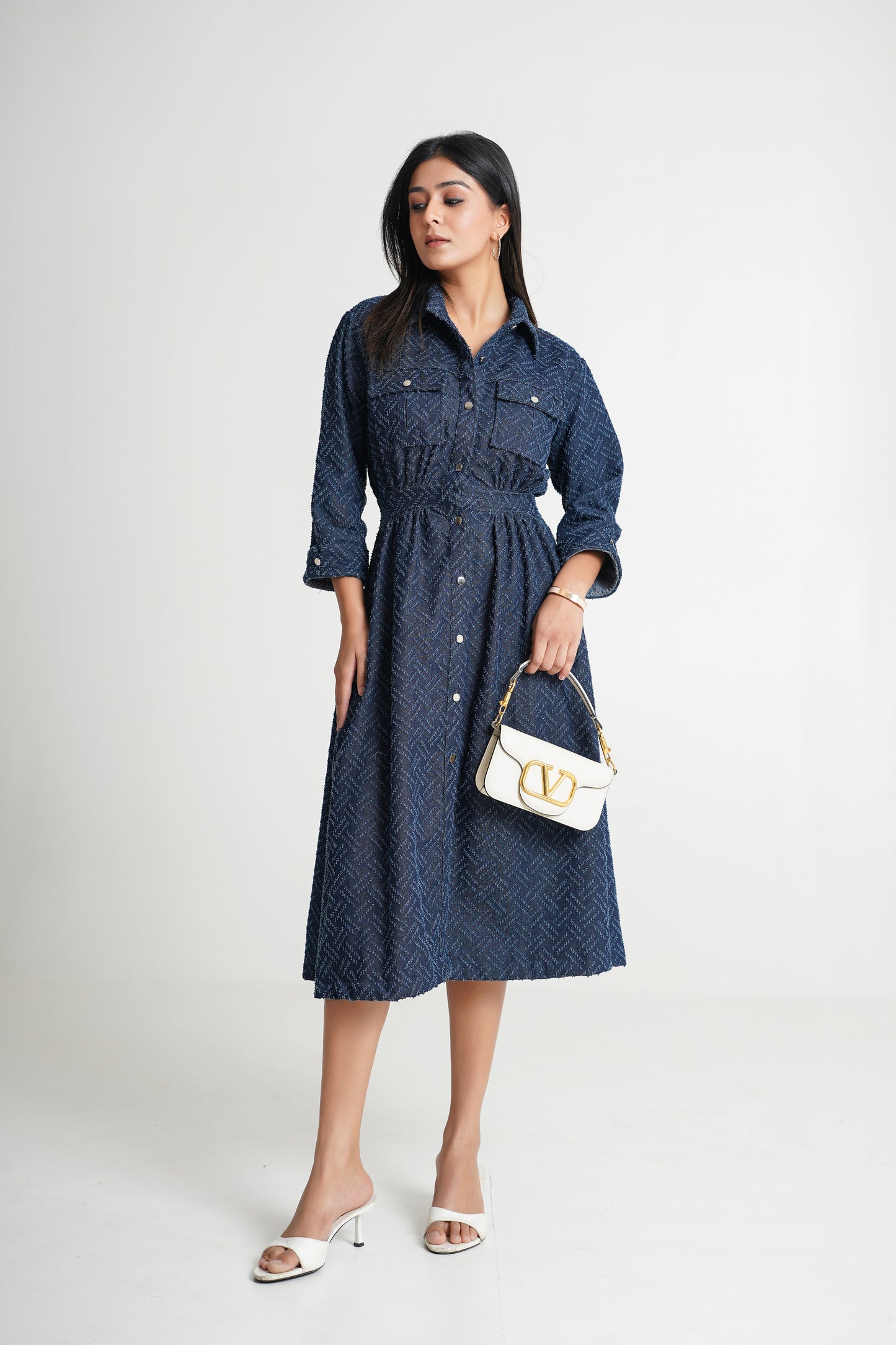 Textured Denim Midi Dress