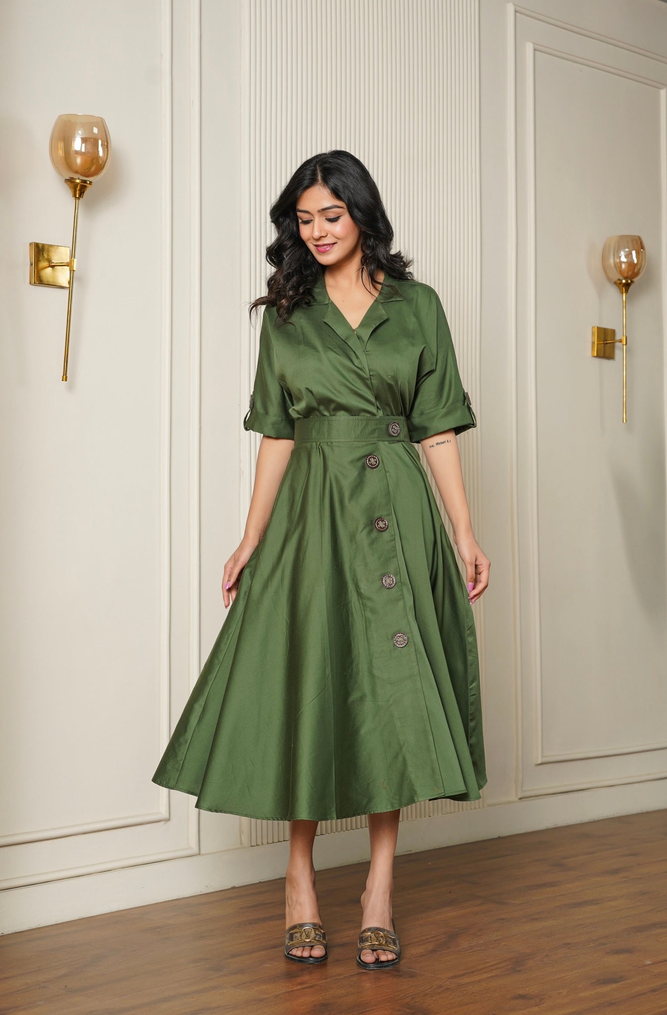 Olive Green Wrap Midi Dress