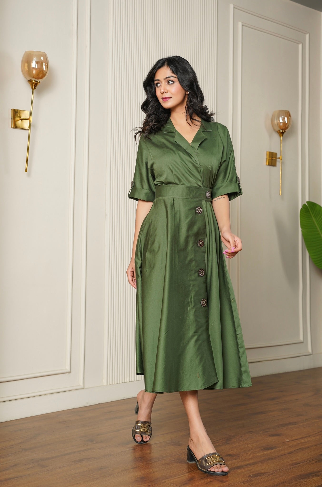 Olive Green Wrap Midi Dress