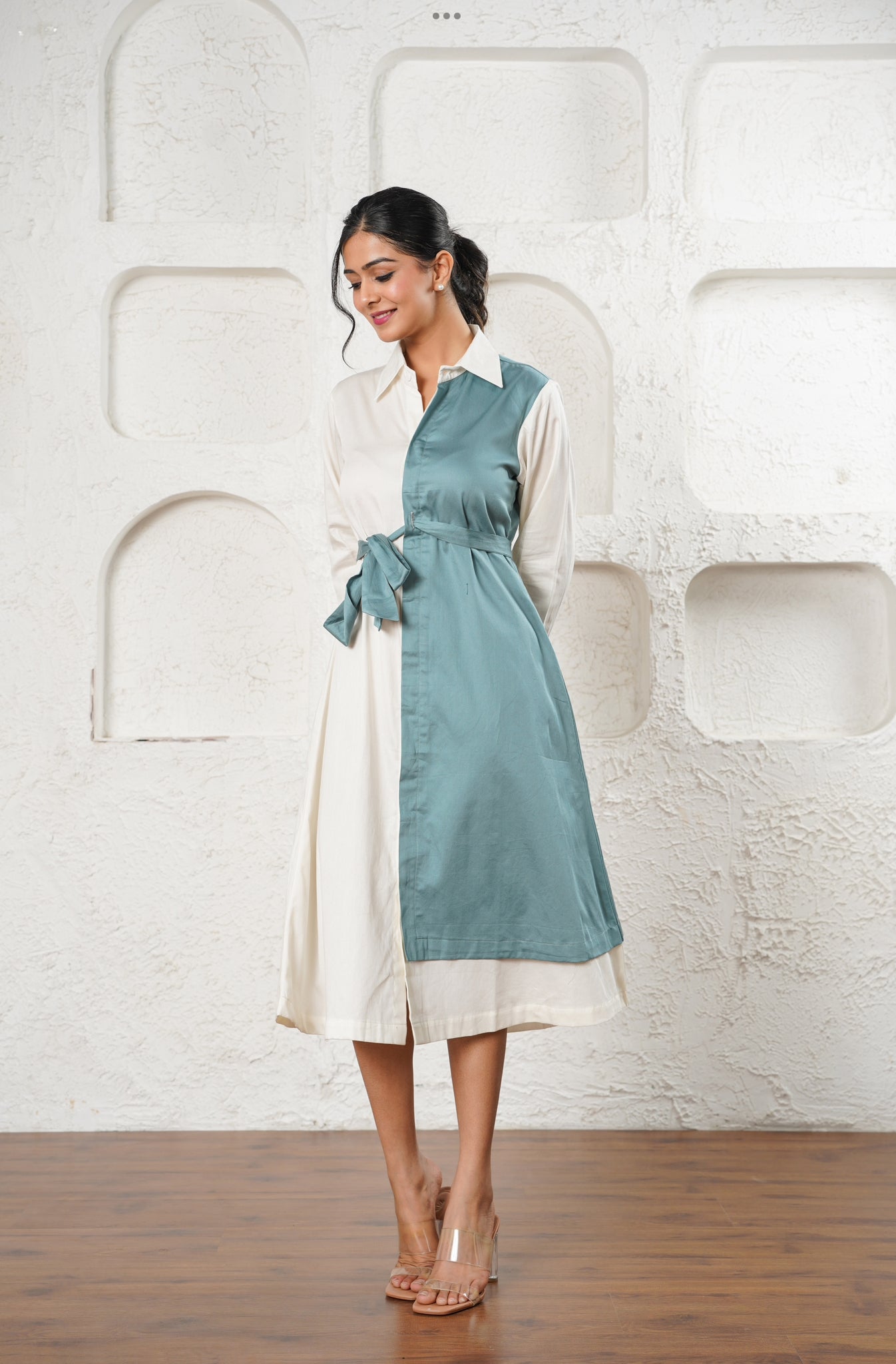 Dual-Tone Wrap Shirt Dress