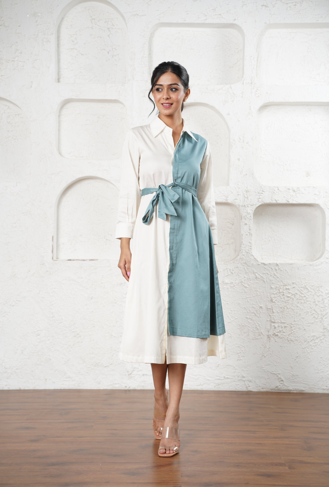 Dual-Tone Wrap Shirt Dress