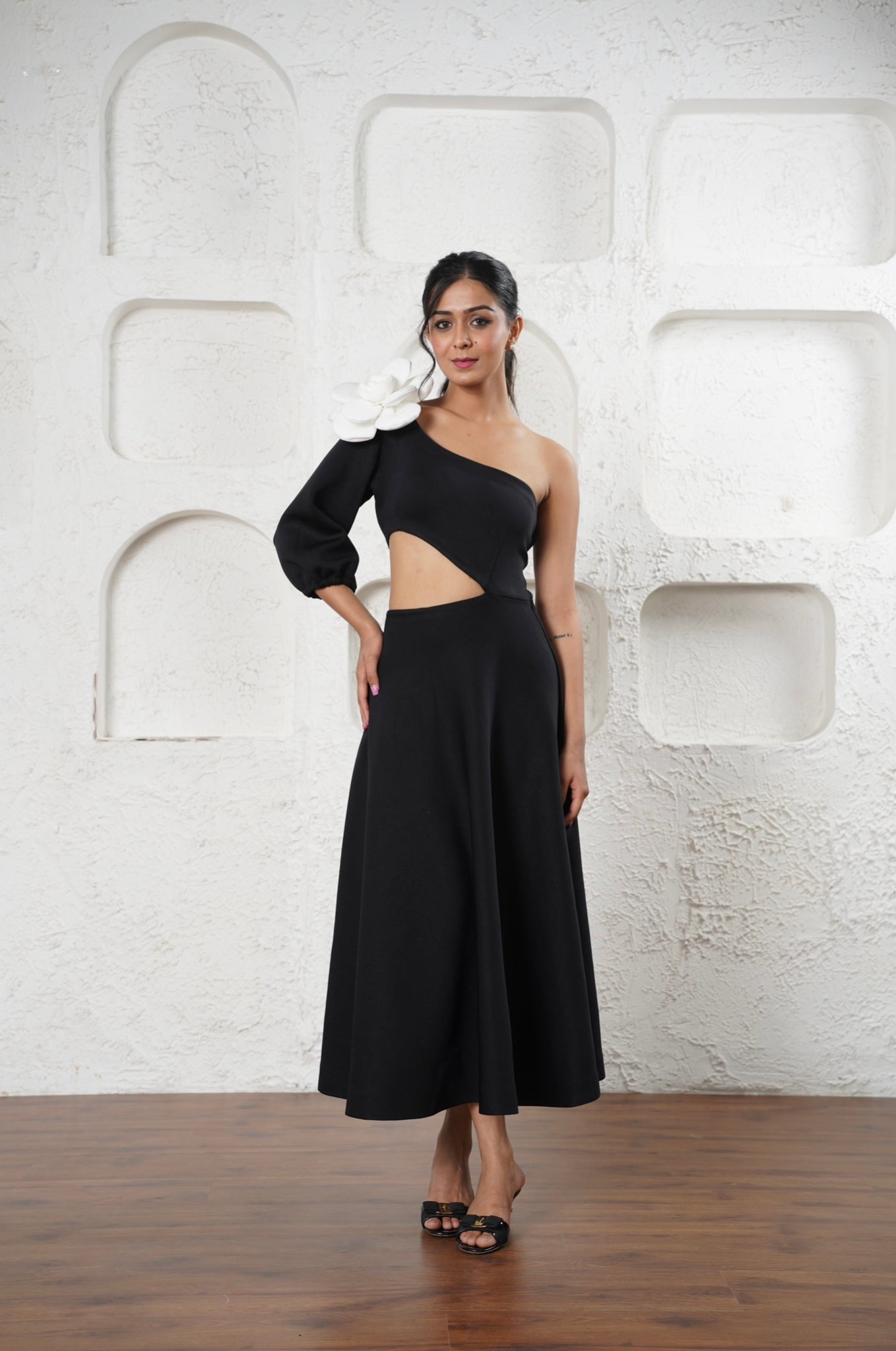Asymmetric Black Midi Dress