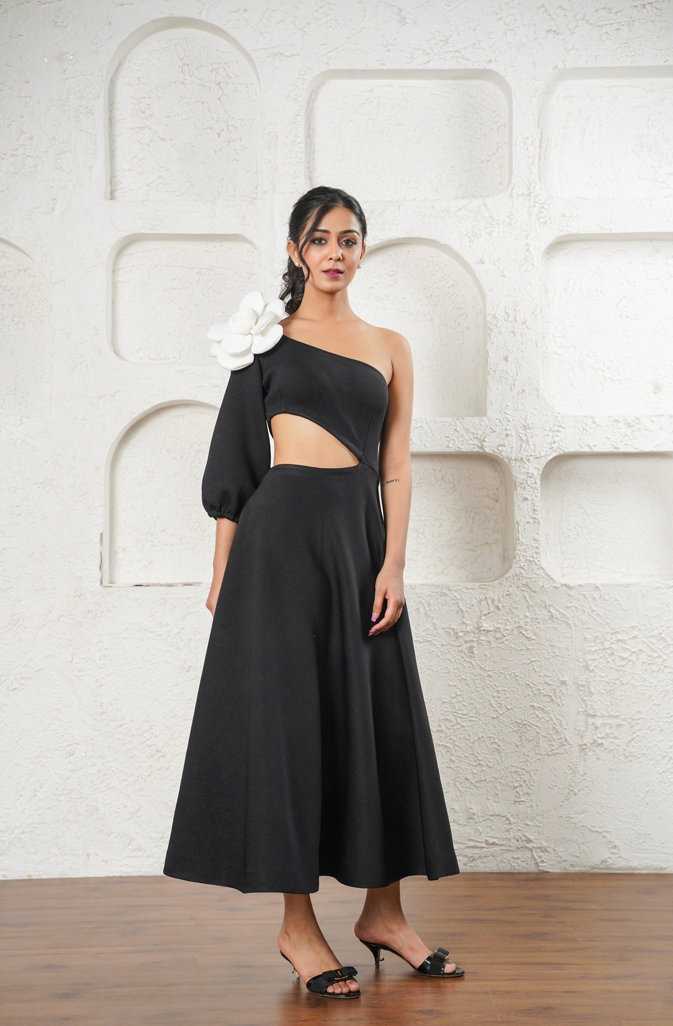 Asymmetric Black Midi Dress