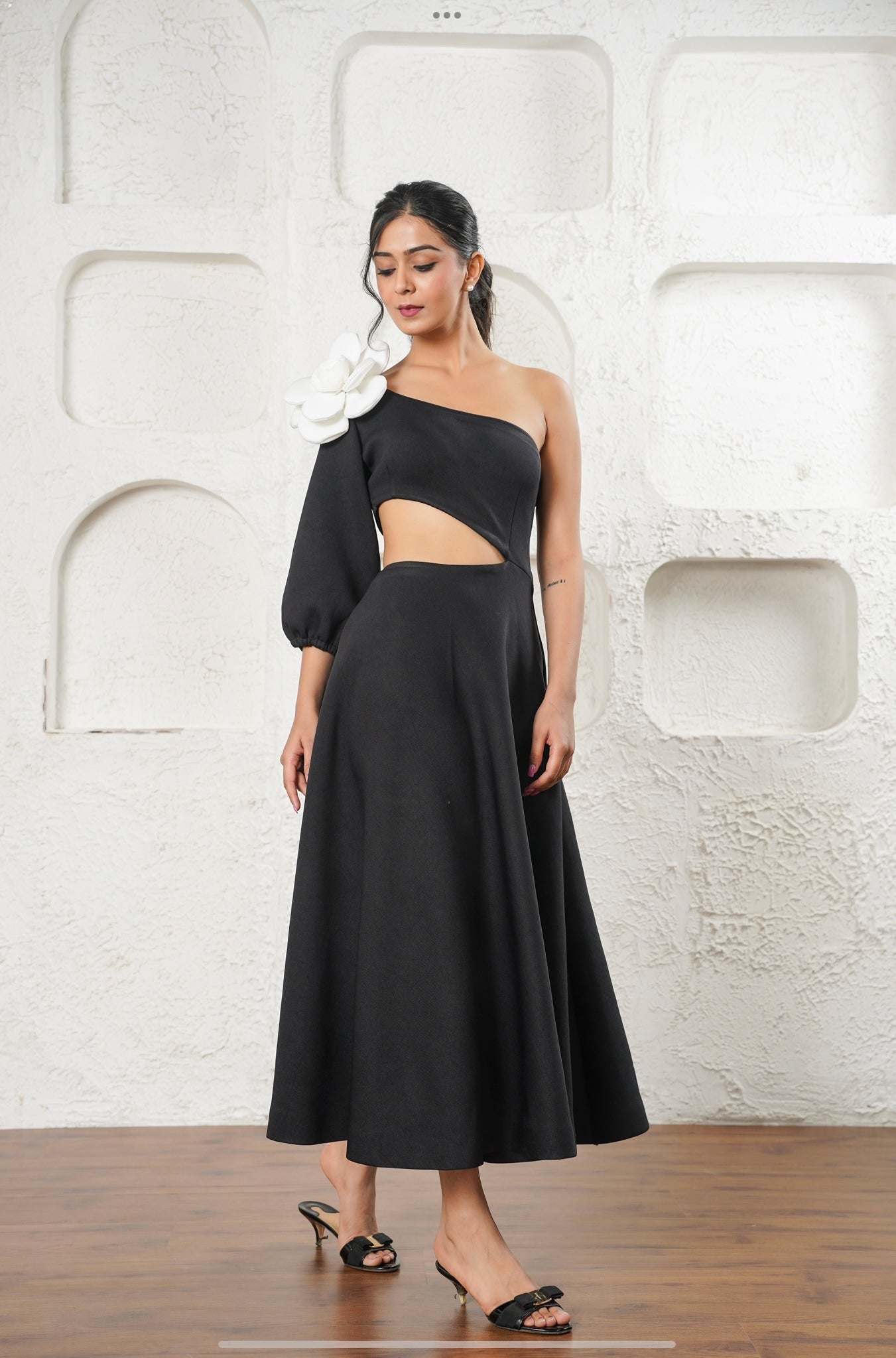 Asymmetric Black Midi Dress
