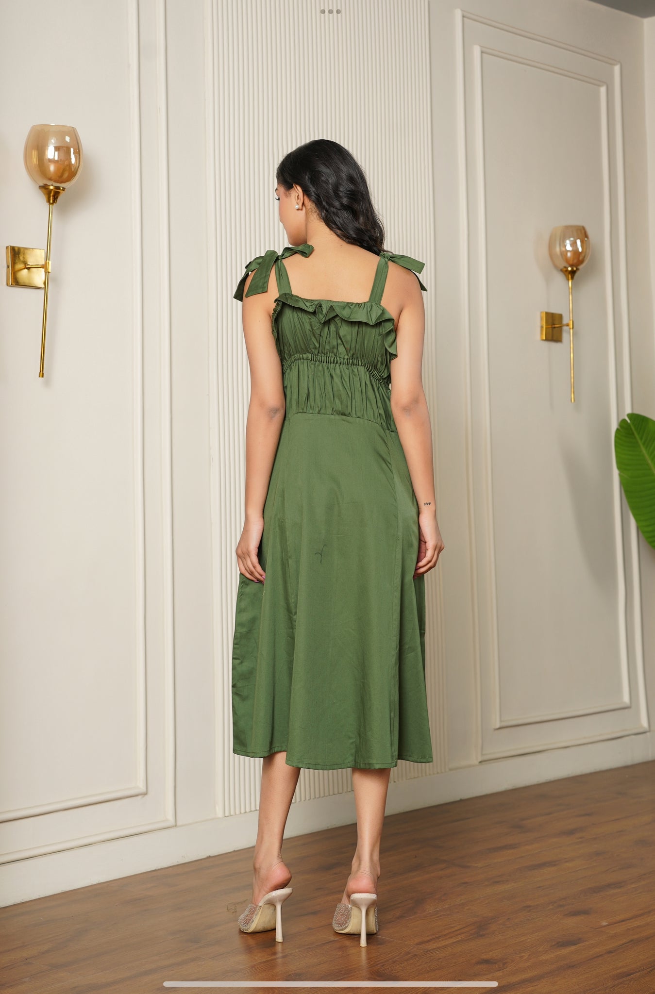 Olive Green Midi Dress with Bow-Tie Straps