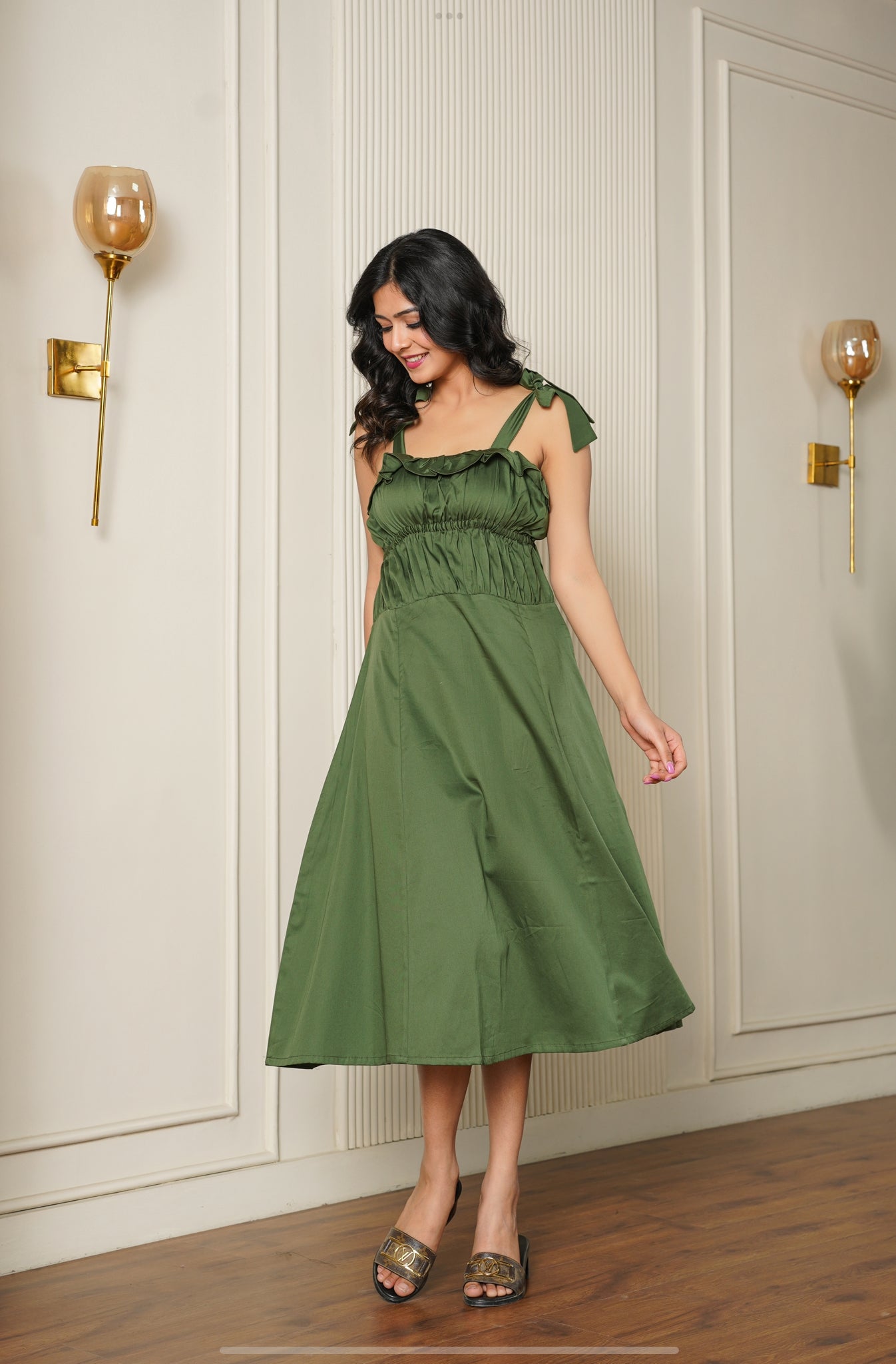 Olive Green Midi Dress with Bow-Tie Straps