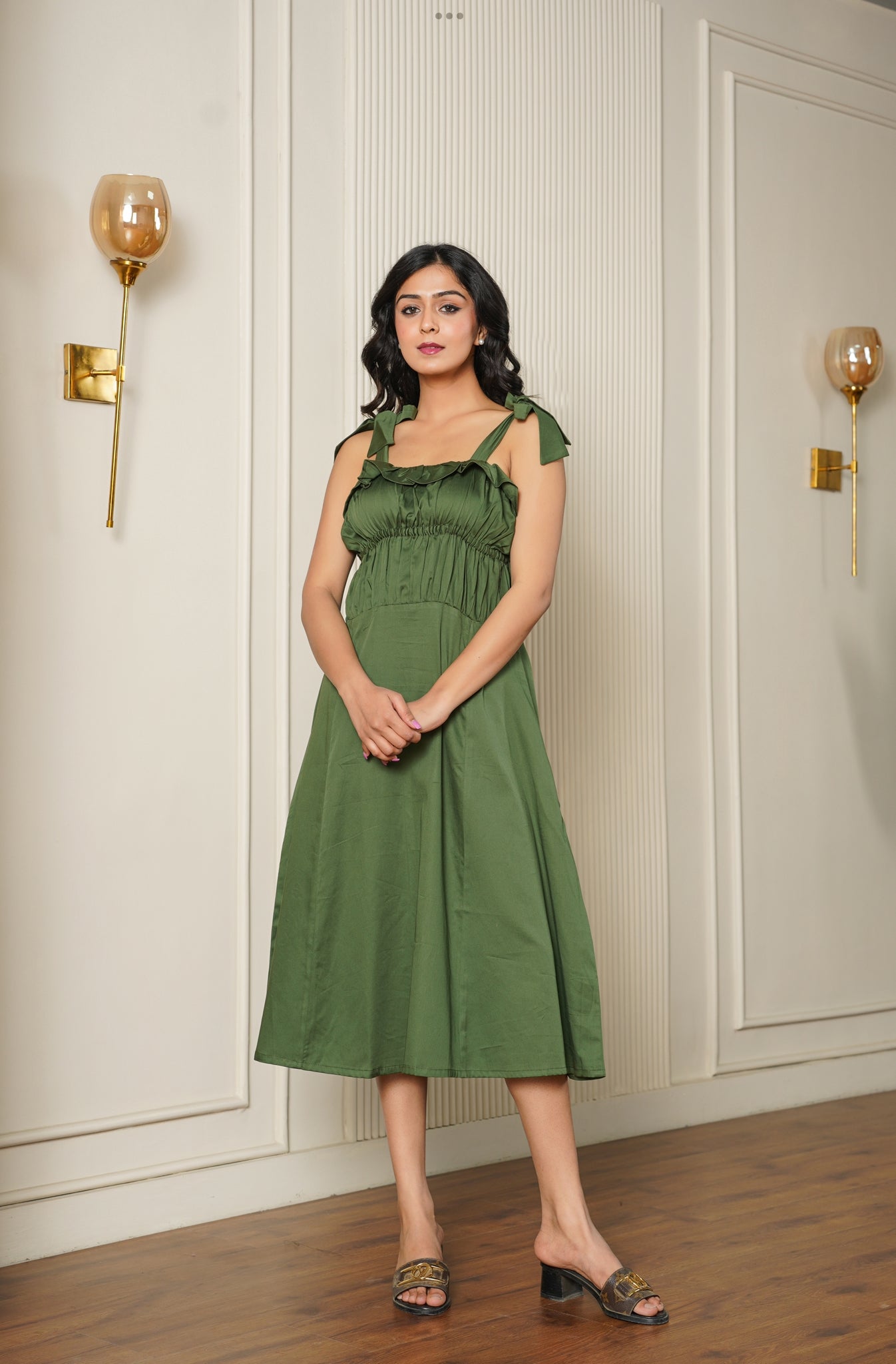 Olive Green Midi Dress with Bow-Tie Straps