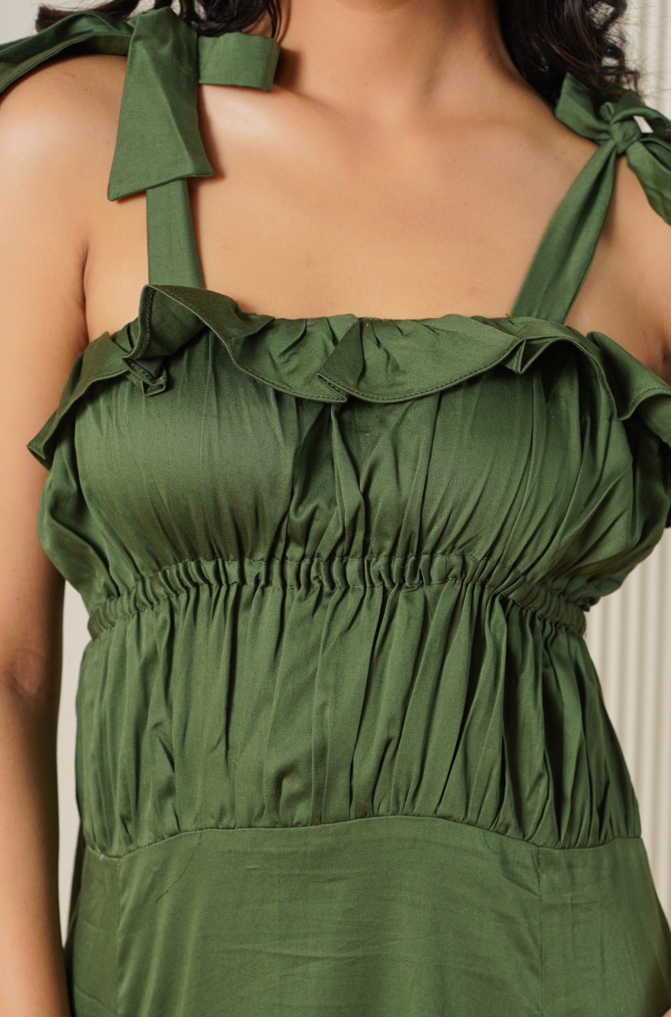 Olive Green Midi Dress with Bow-Tie Straps
