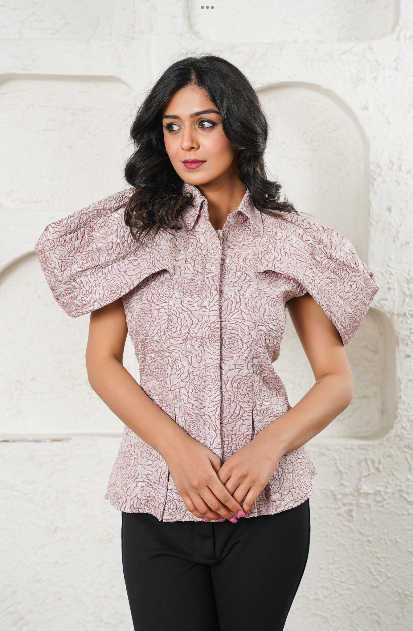 Textured Mauve Puff-Sleeve Shirt