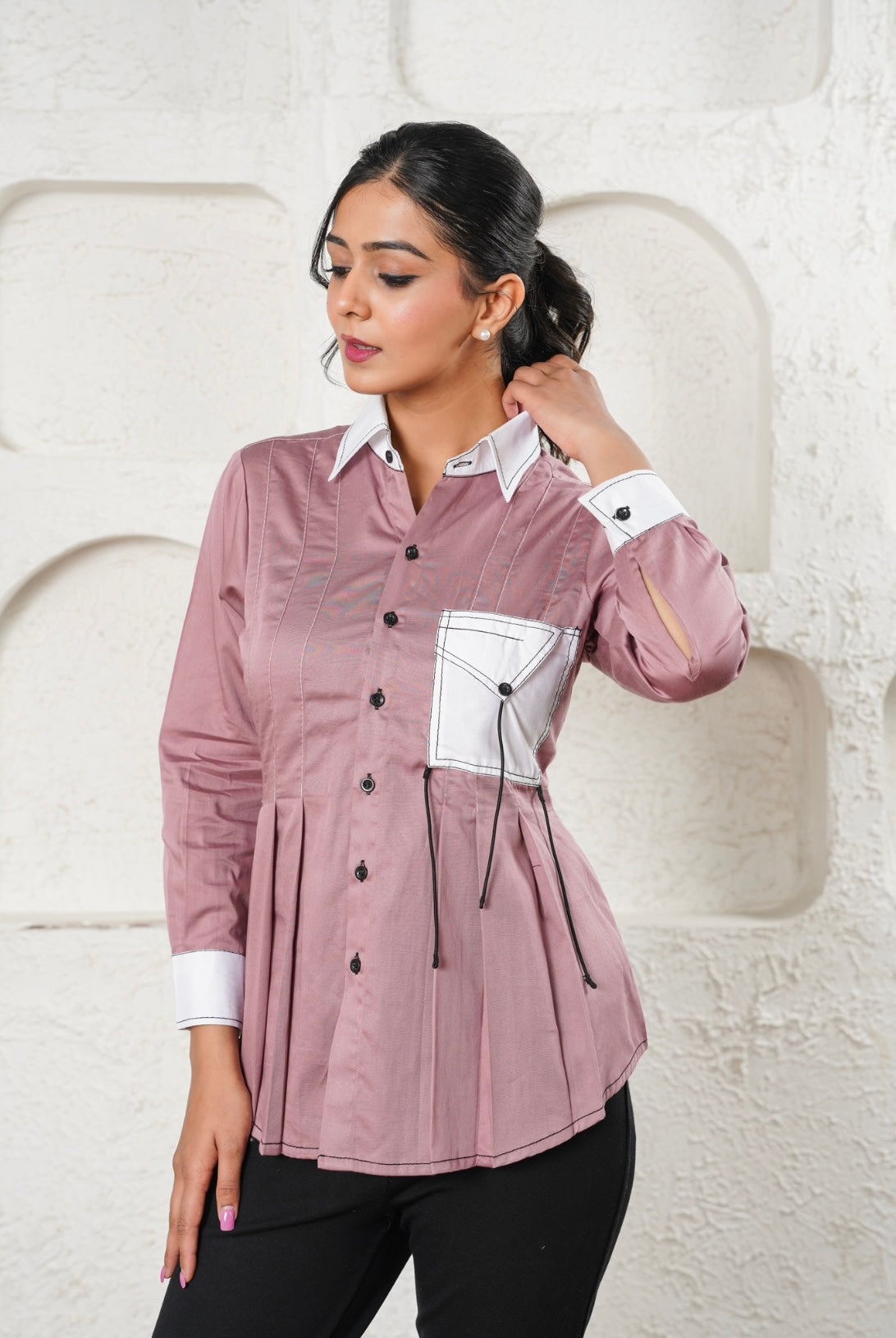 Contrast-Stitch Mauve Shirt