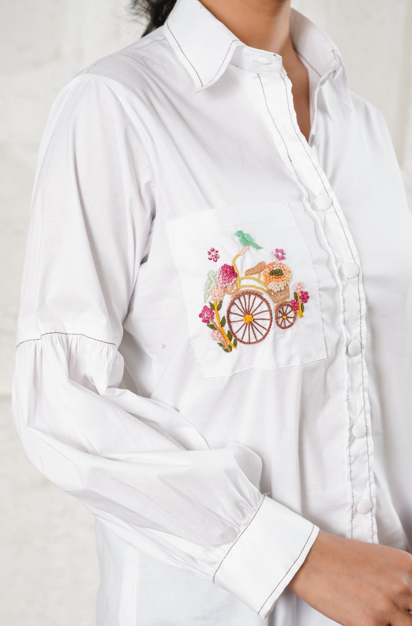 White Button-Down Shirt with Embroidered Detail