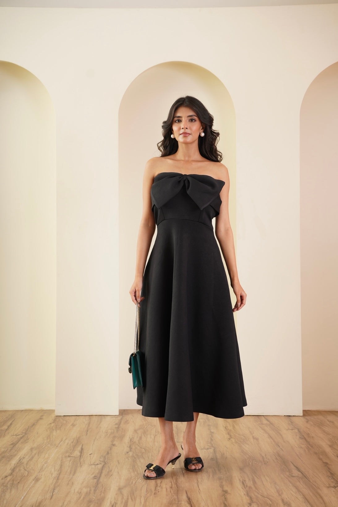 Black Strapless Bow Midi Dress