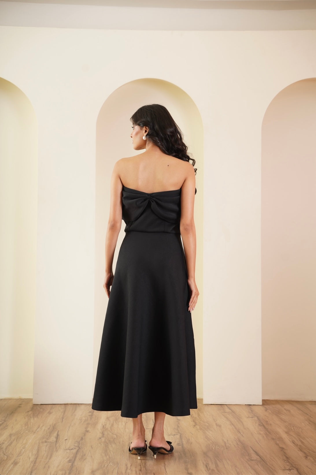 Black Strapless Bow Midi Dress