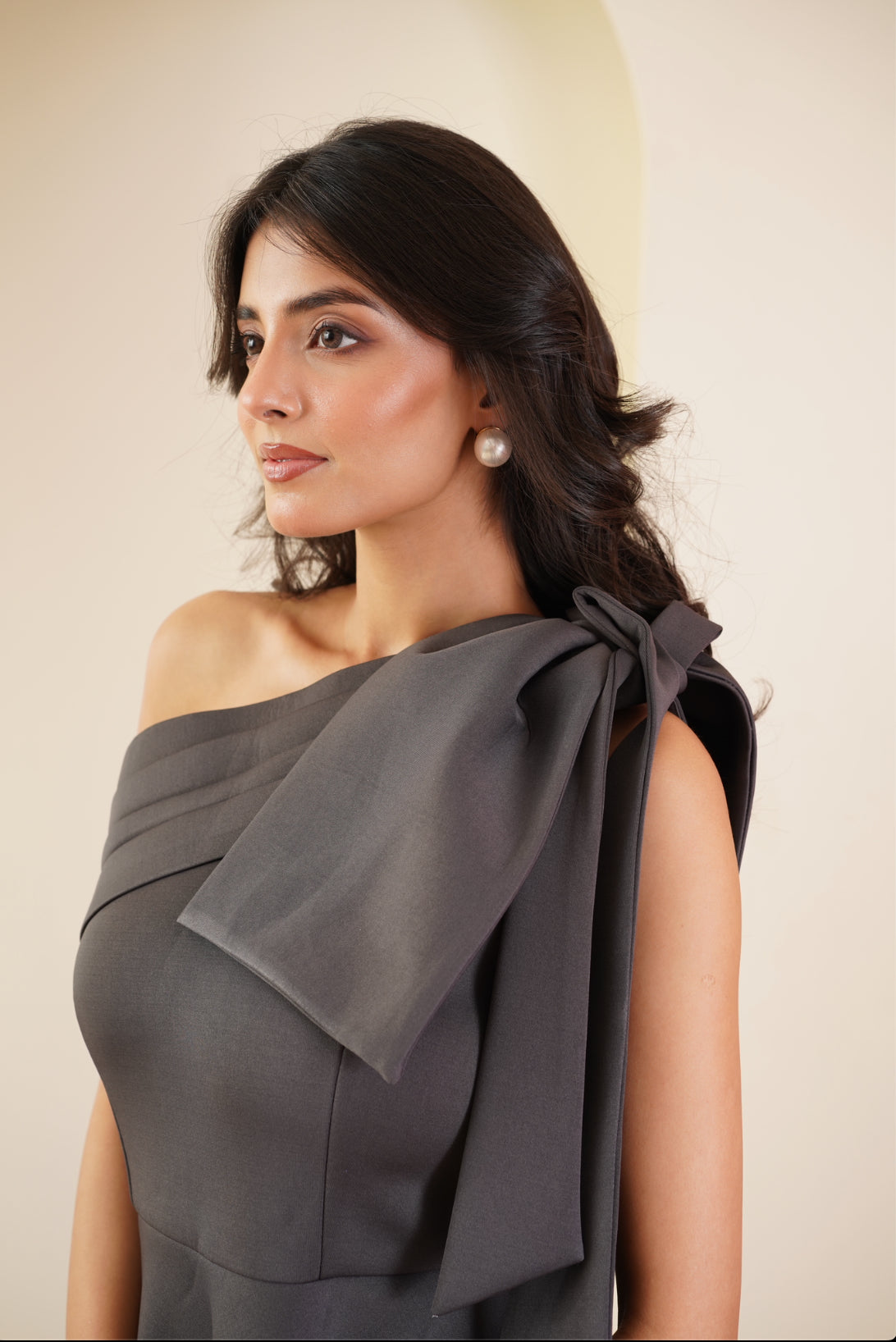 Charcoal One-Shoulder Bow Dress