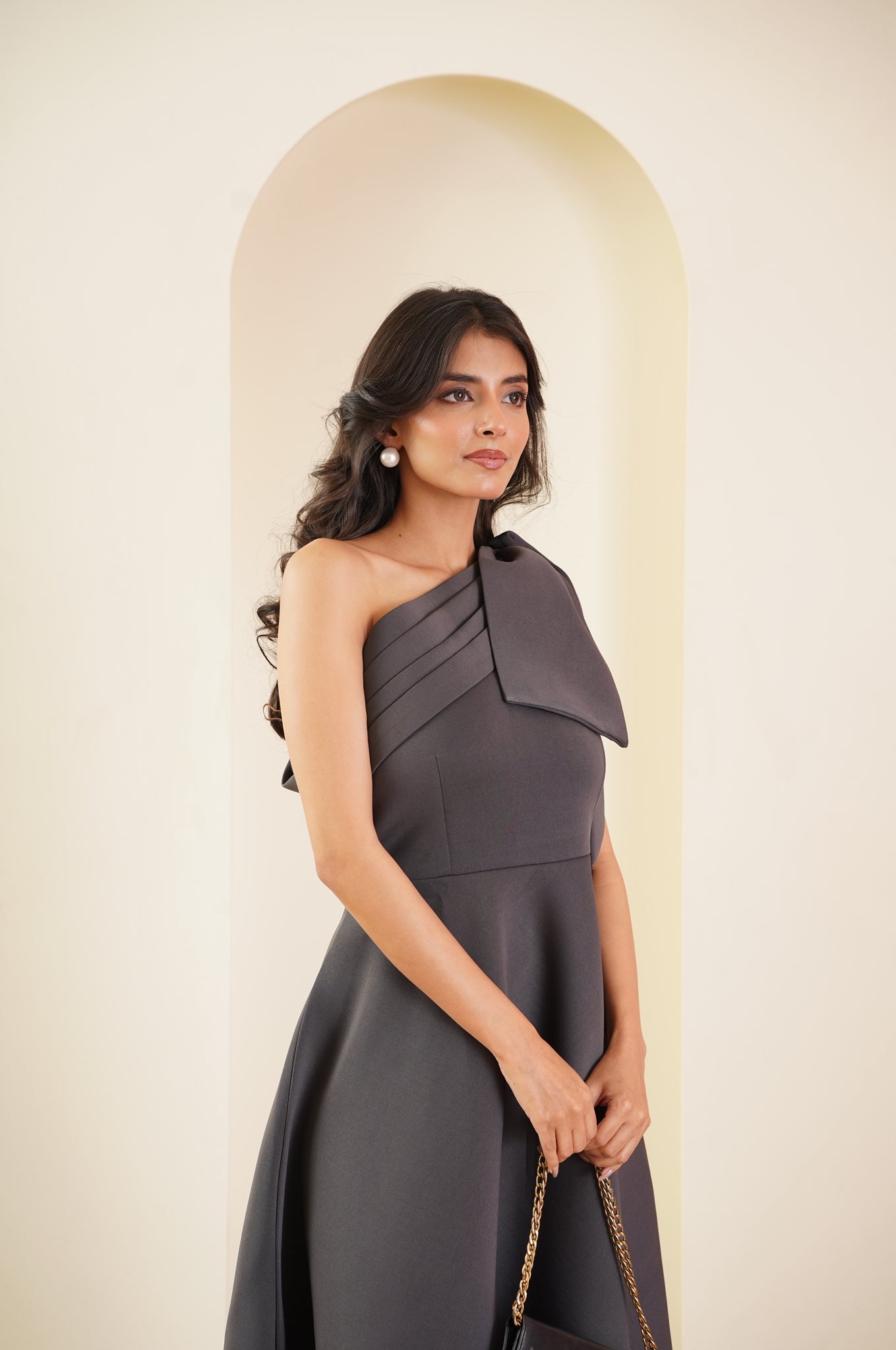 Charcoal One-Shoulder Bow Dress