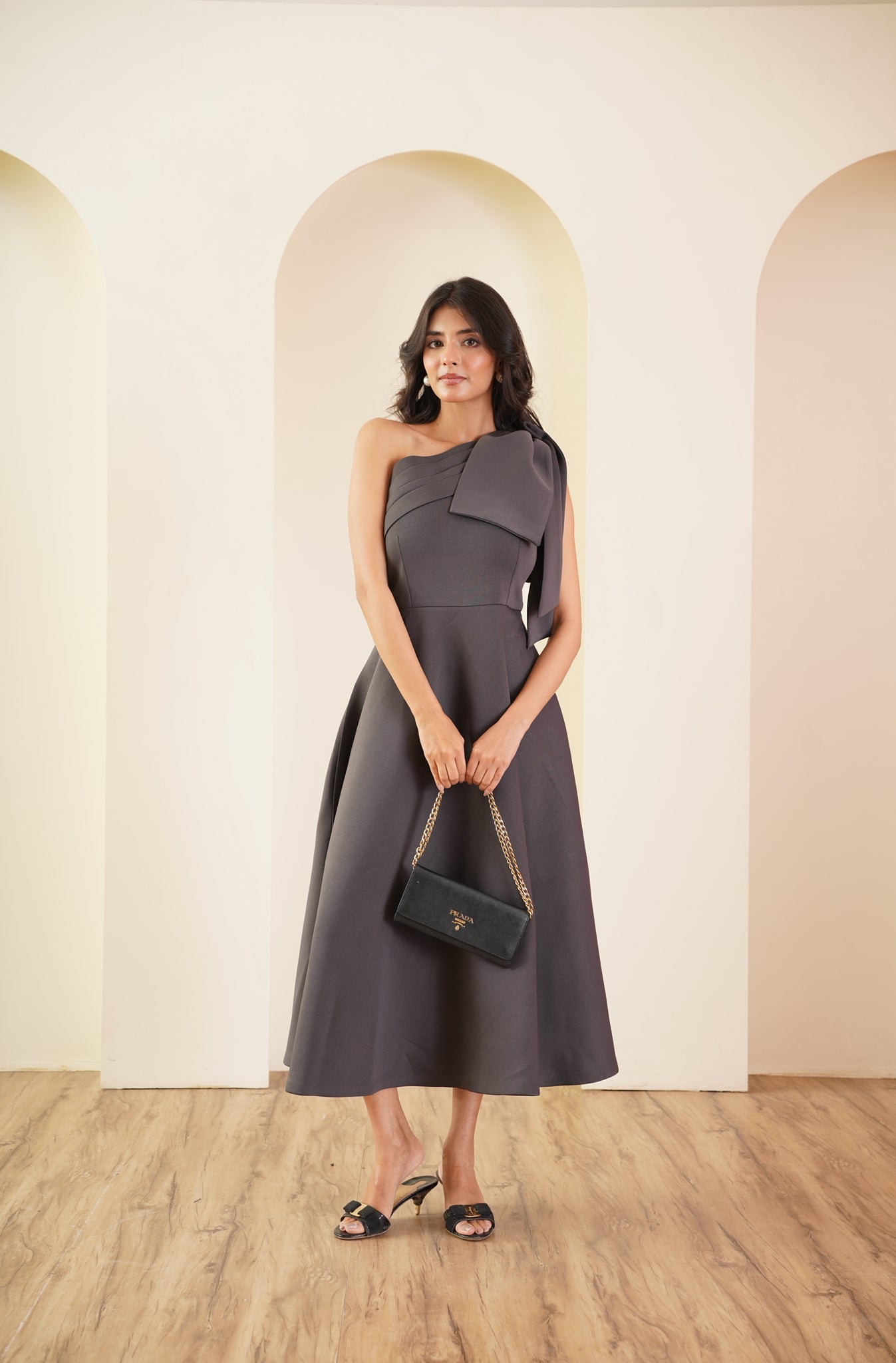 Charcoal One-Shoulder Bow Dress
