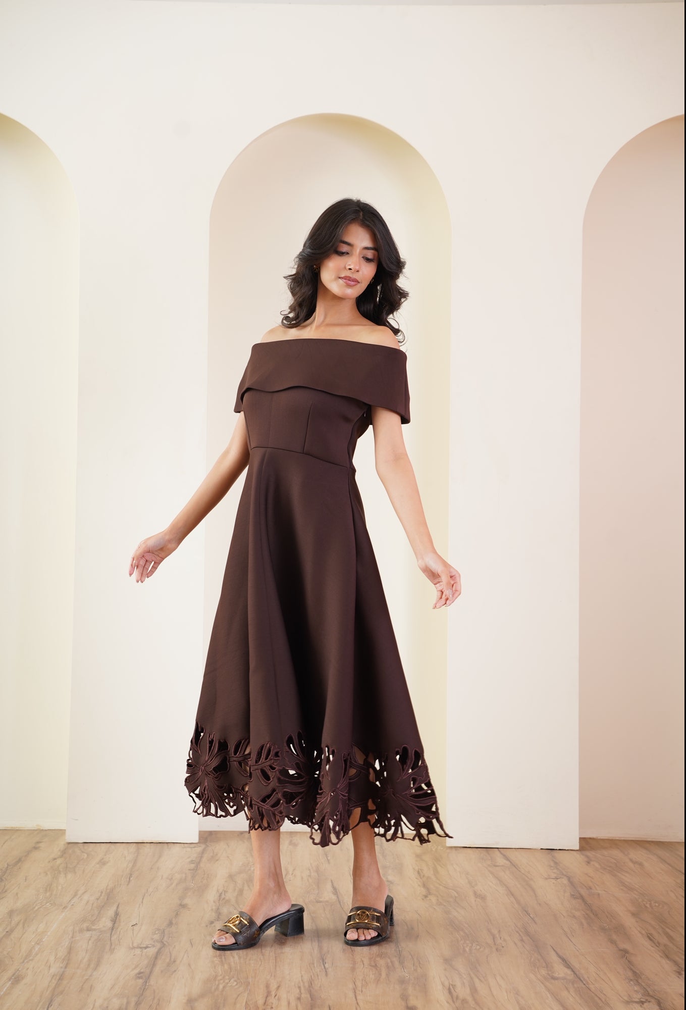 Cocoa Off-Shoulder Dress with Cutwork Hem