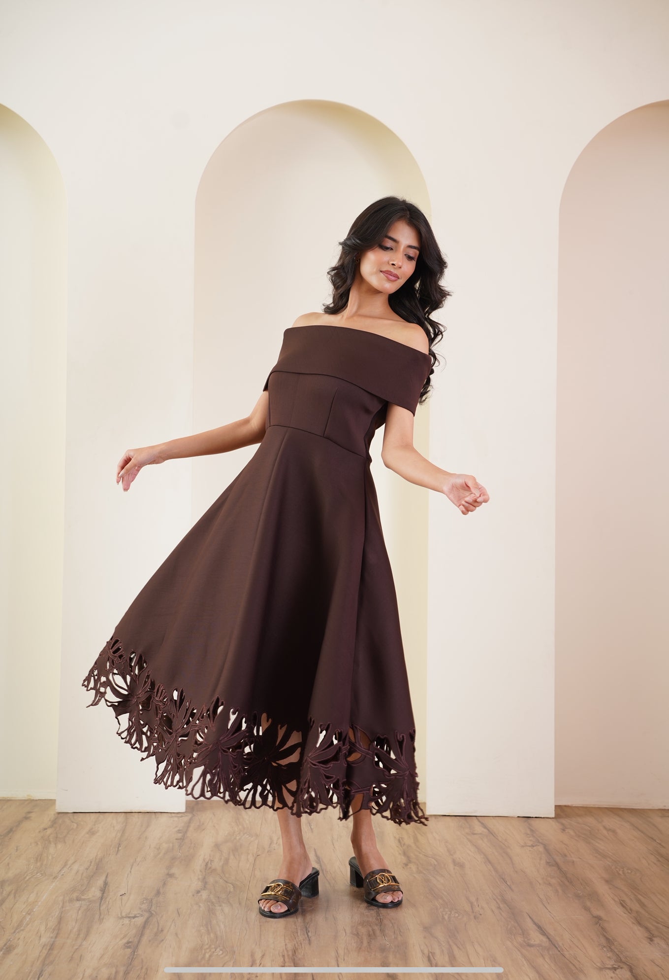 Cocoa Off-Shoulder Dress with Cutwork Hem