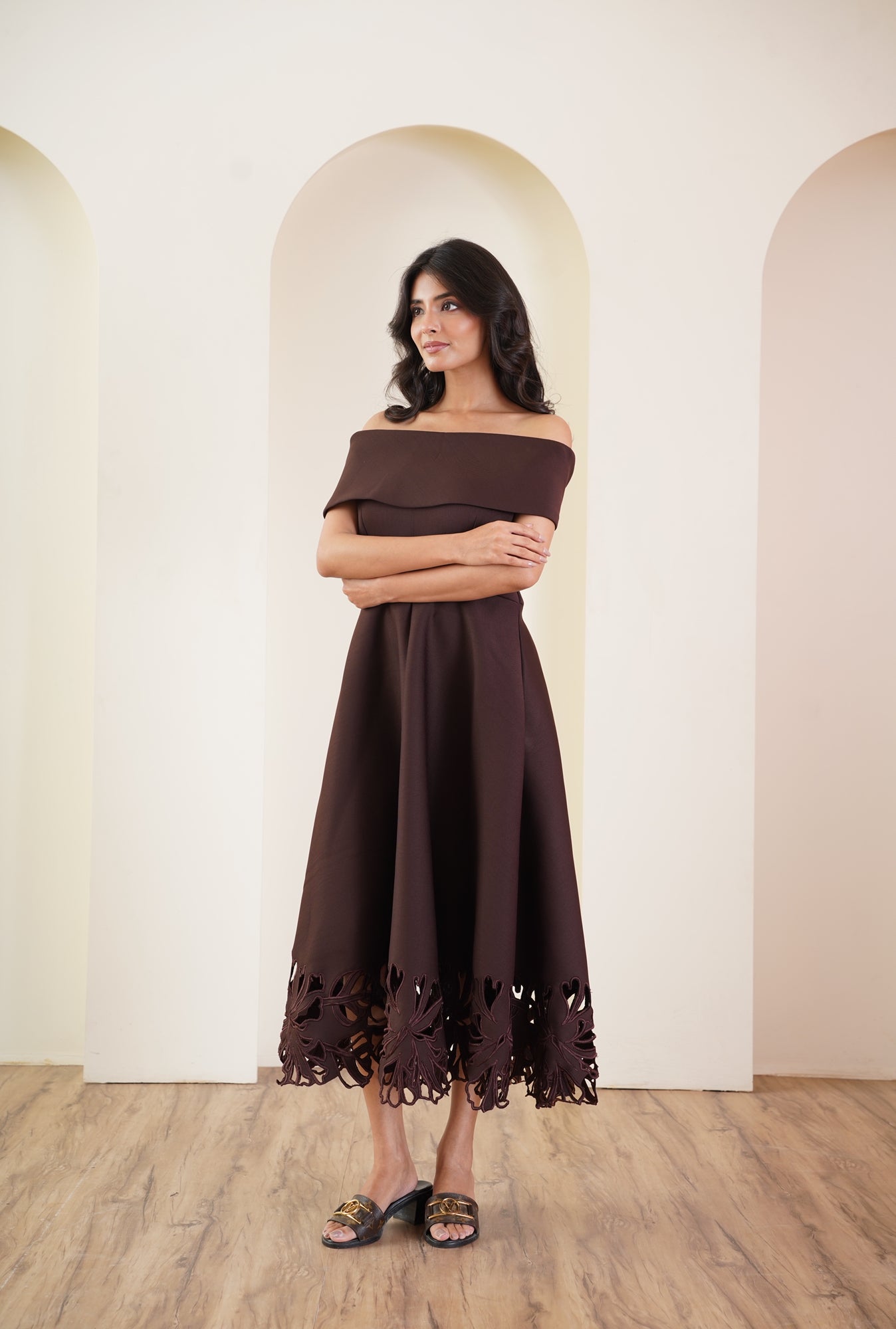 Cocoa Off-Shoulder Dress with Cutwork Hem