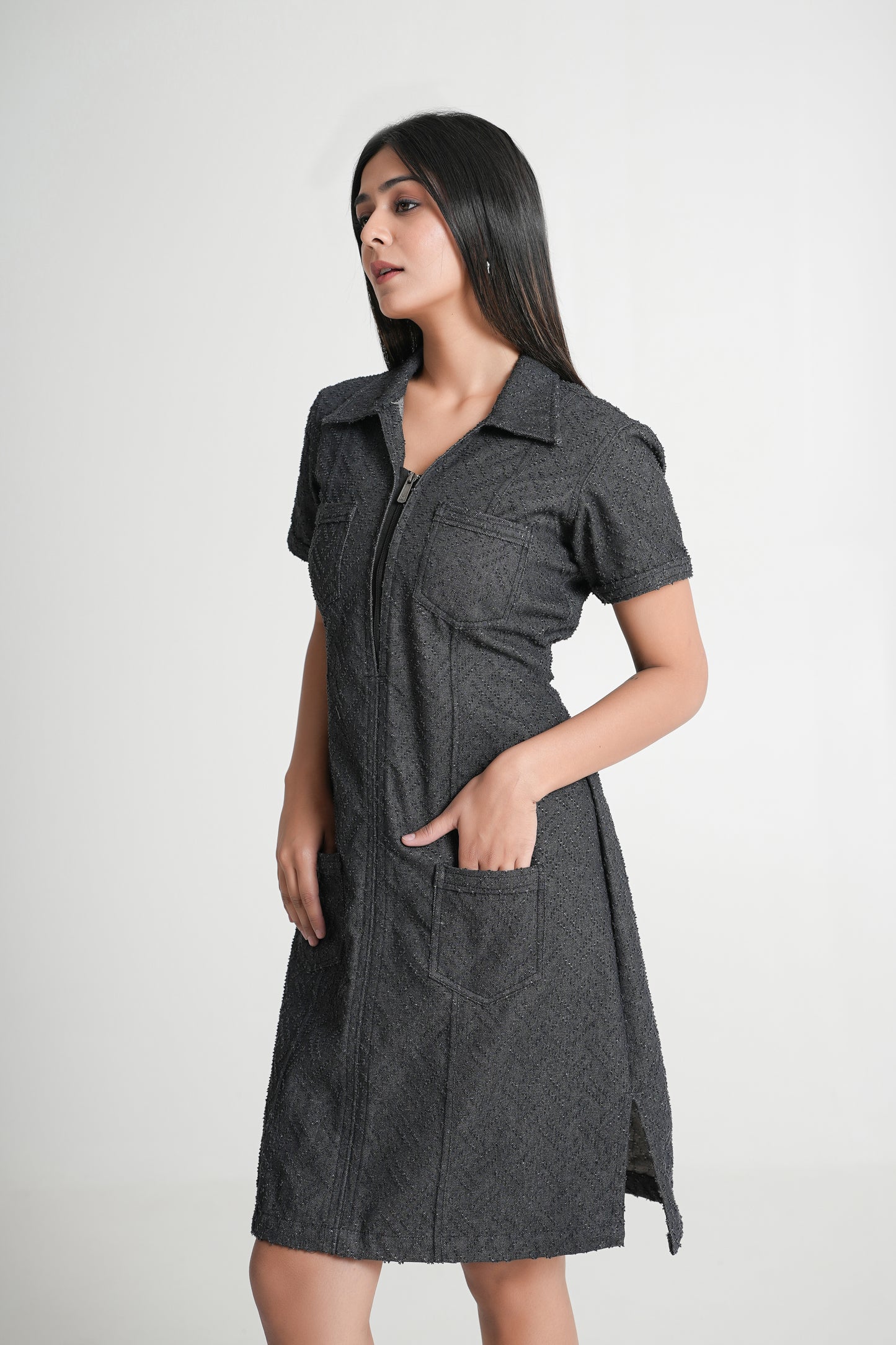 Textured Denim Black Knee-Length Dress