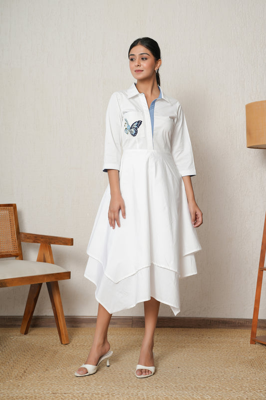 White Handkerchief-Hem Shirt Dress