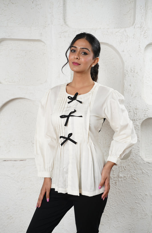 Ivory Pleated Top with Black Bow Accents