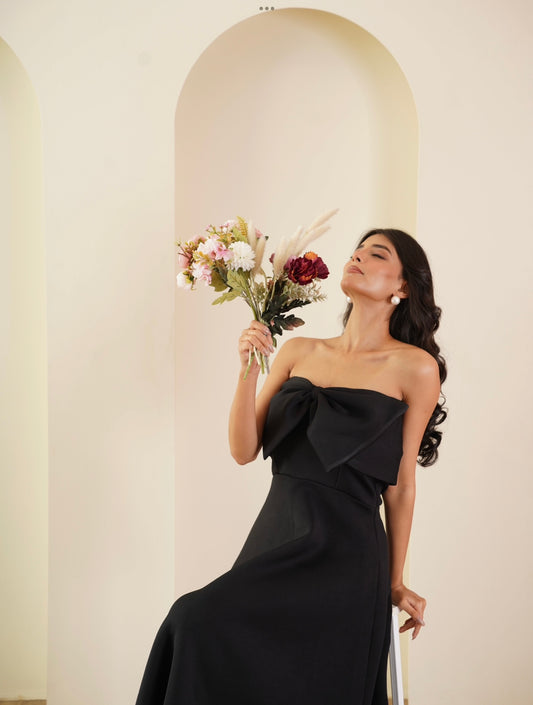 Black Strapless Bow Midi Dress