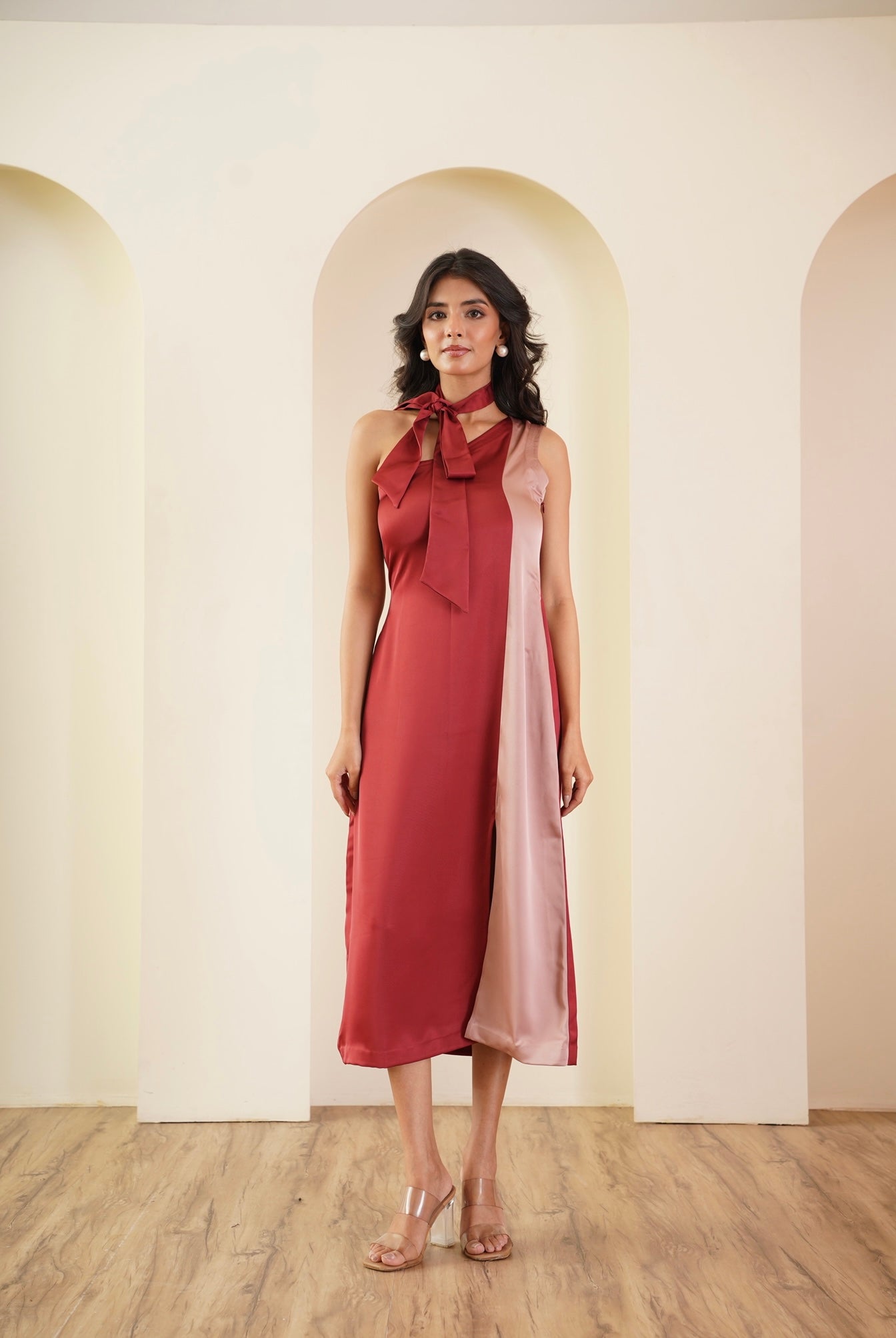 Dual-Tone Tie-Up Midi Dress