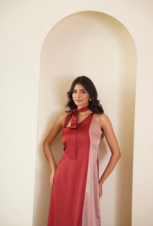 Dual-Tone Tie-Up Midi Dress