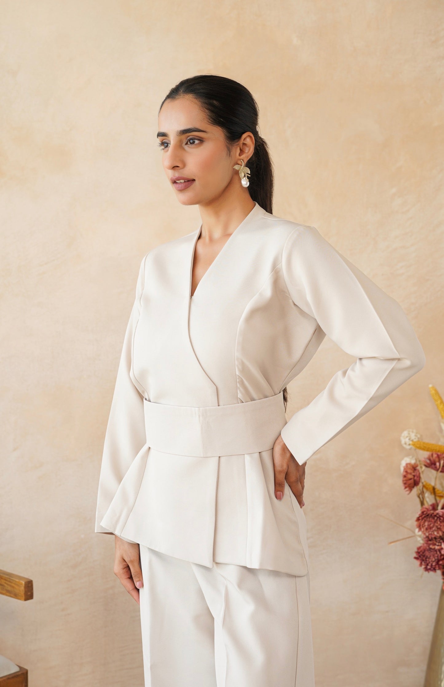 Cream Peplum Wrap Co-ord Set