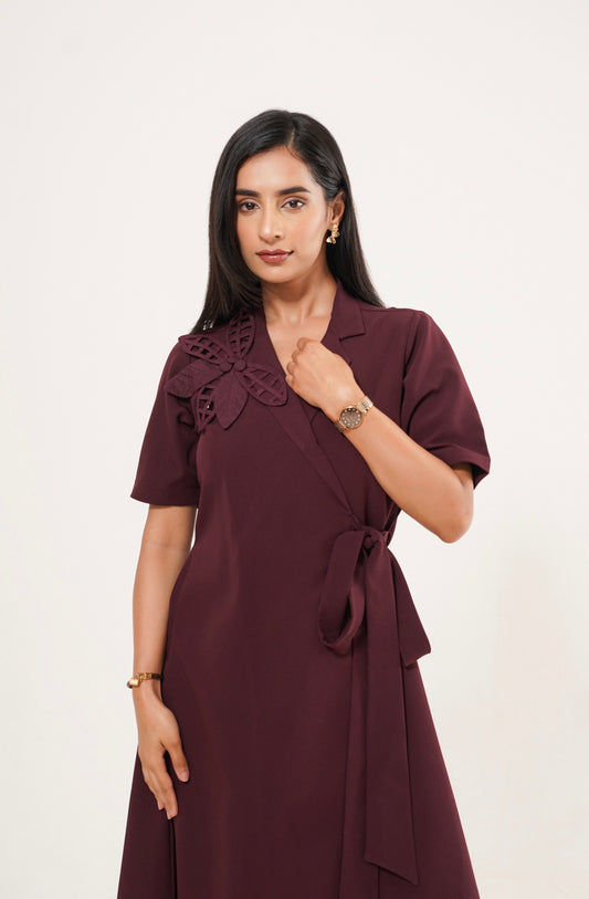 Wine Wrap Tie Midi Dress