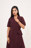 Wine Wrap Tie Midi Dress