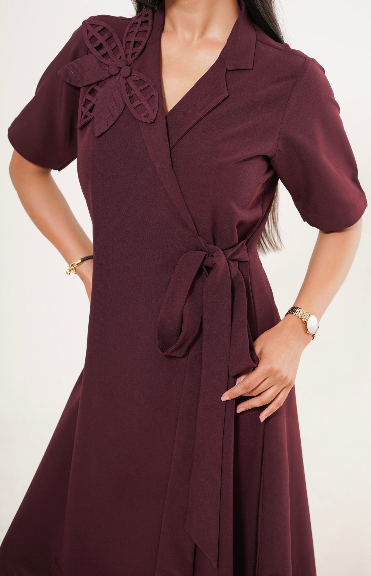 Wine Wrap Tie Midi Dress