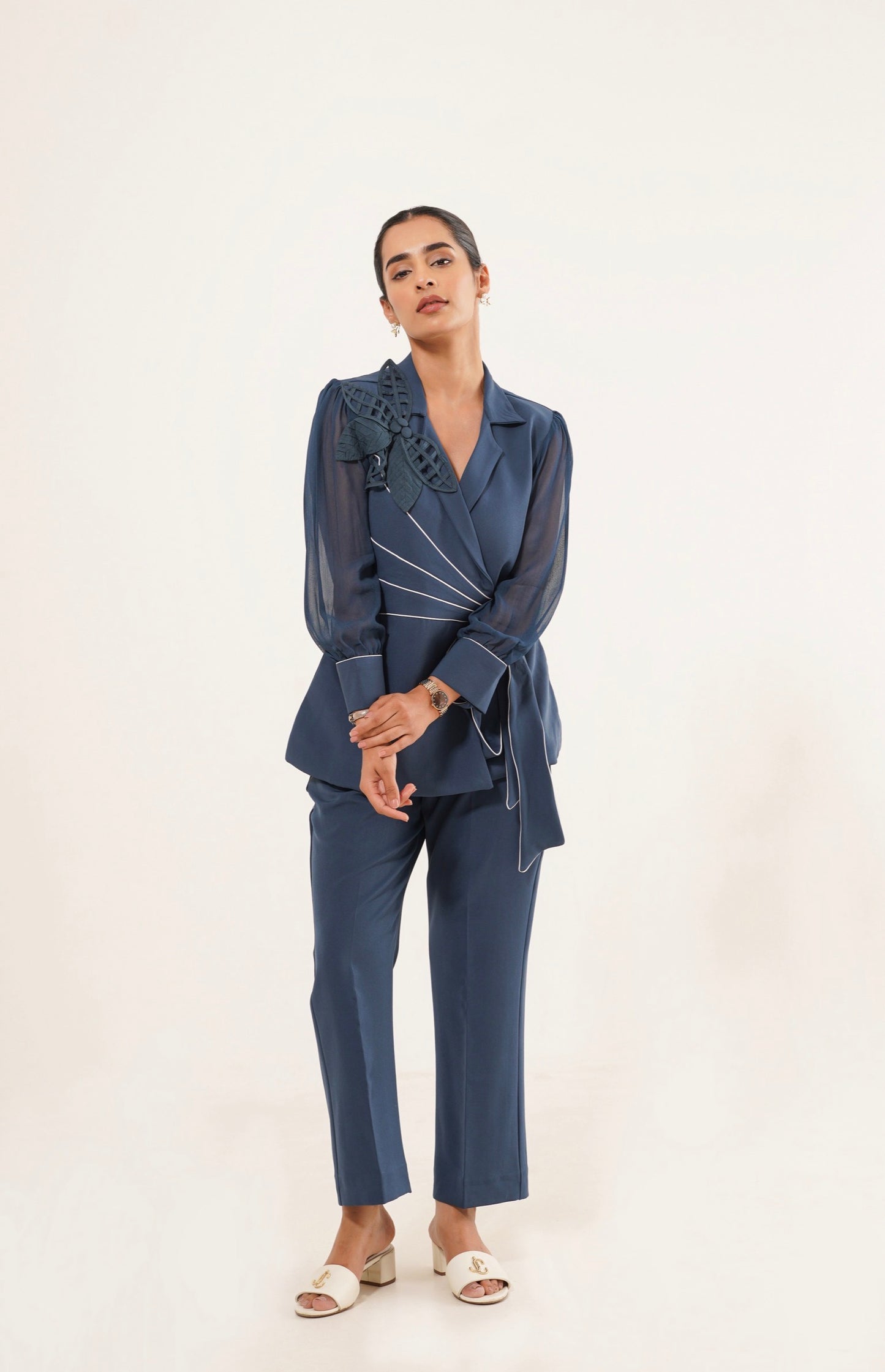 Blue Sheer Sleeve Wrap Co-Ord Set