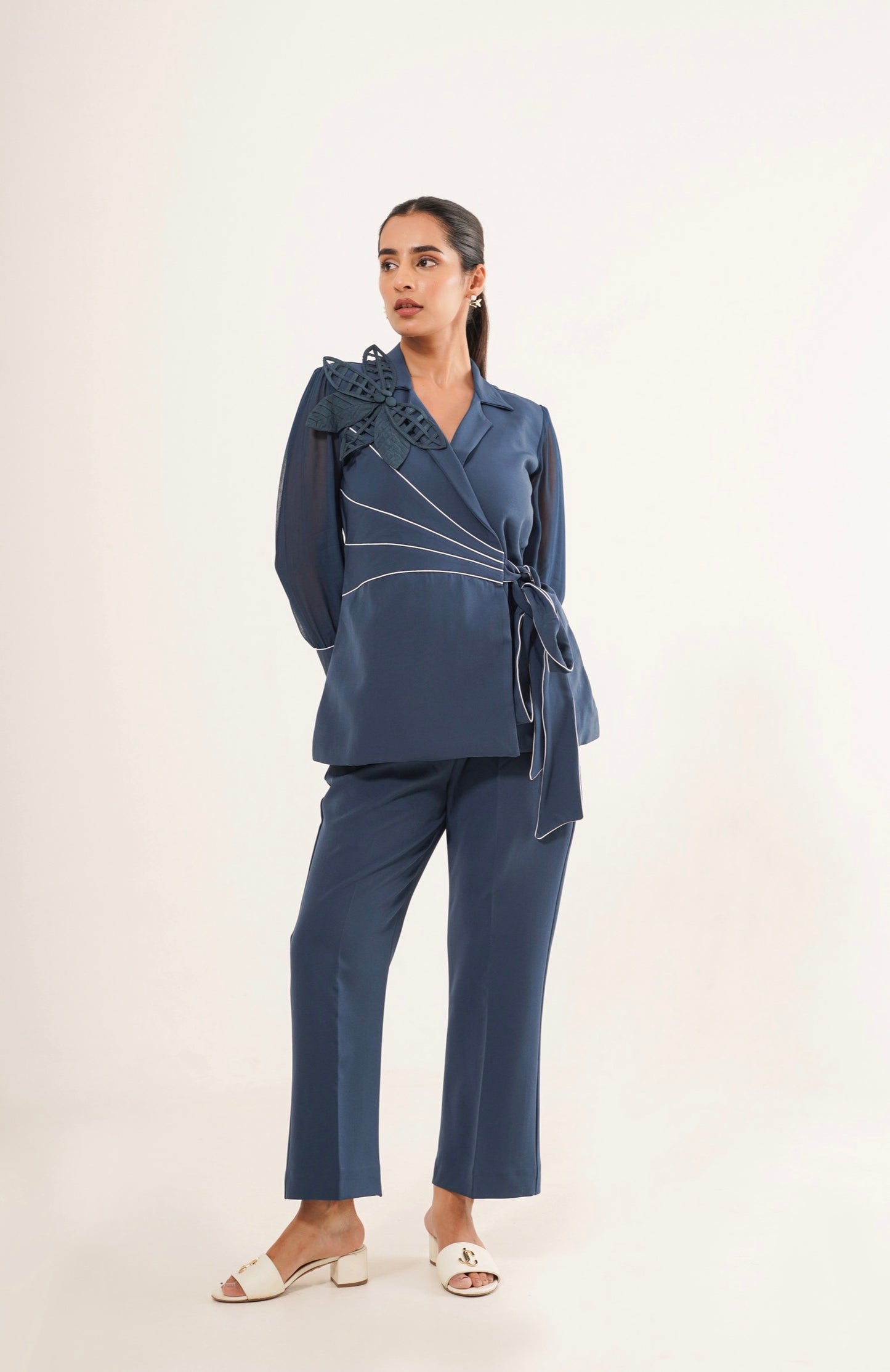 Blue Sheer Sleeve Wrap Co-Ord Set