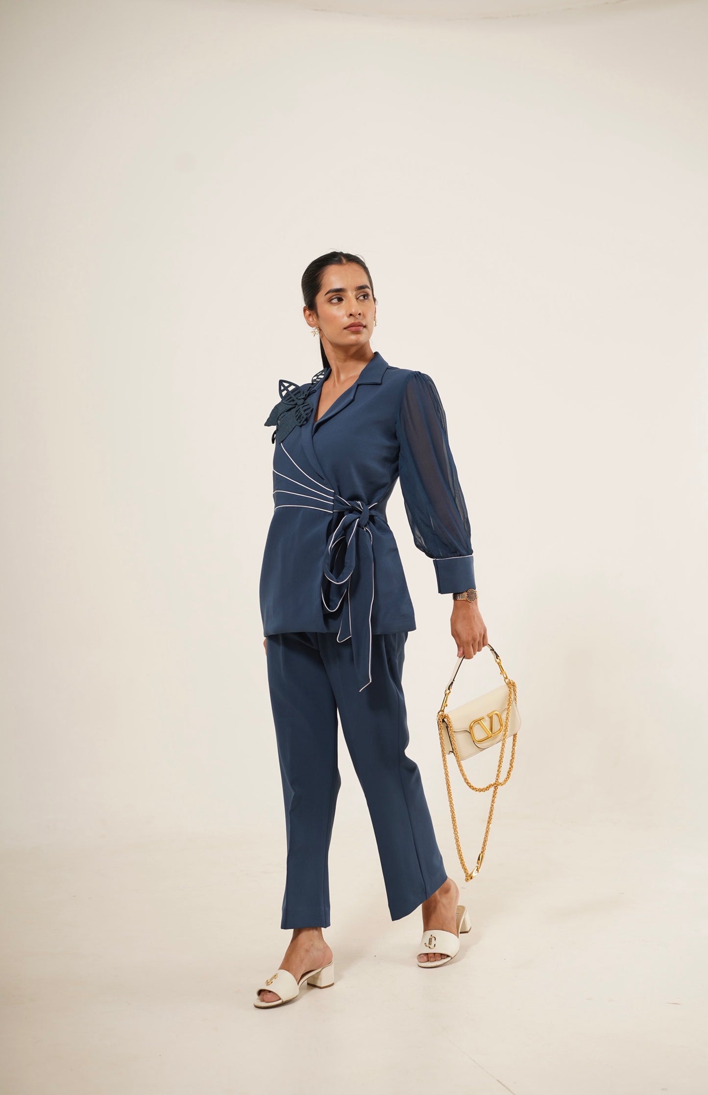 Blue Sheer Sleeve Wrap Co-Ord Set
