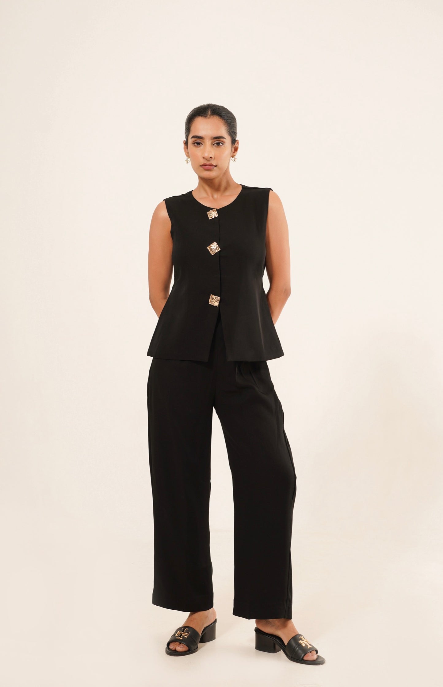 Black Gold-Button Sleeveless Pantsuit