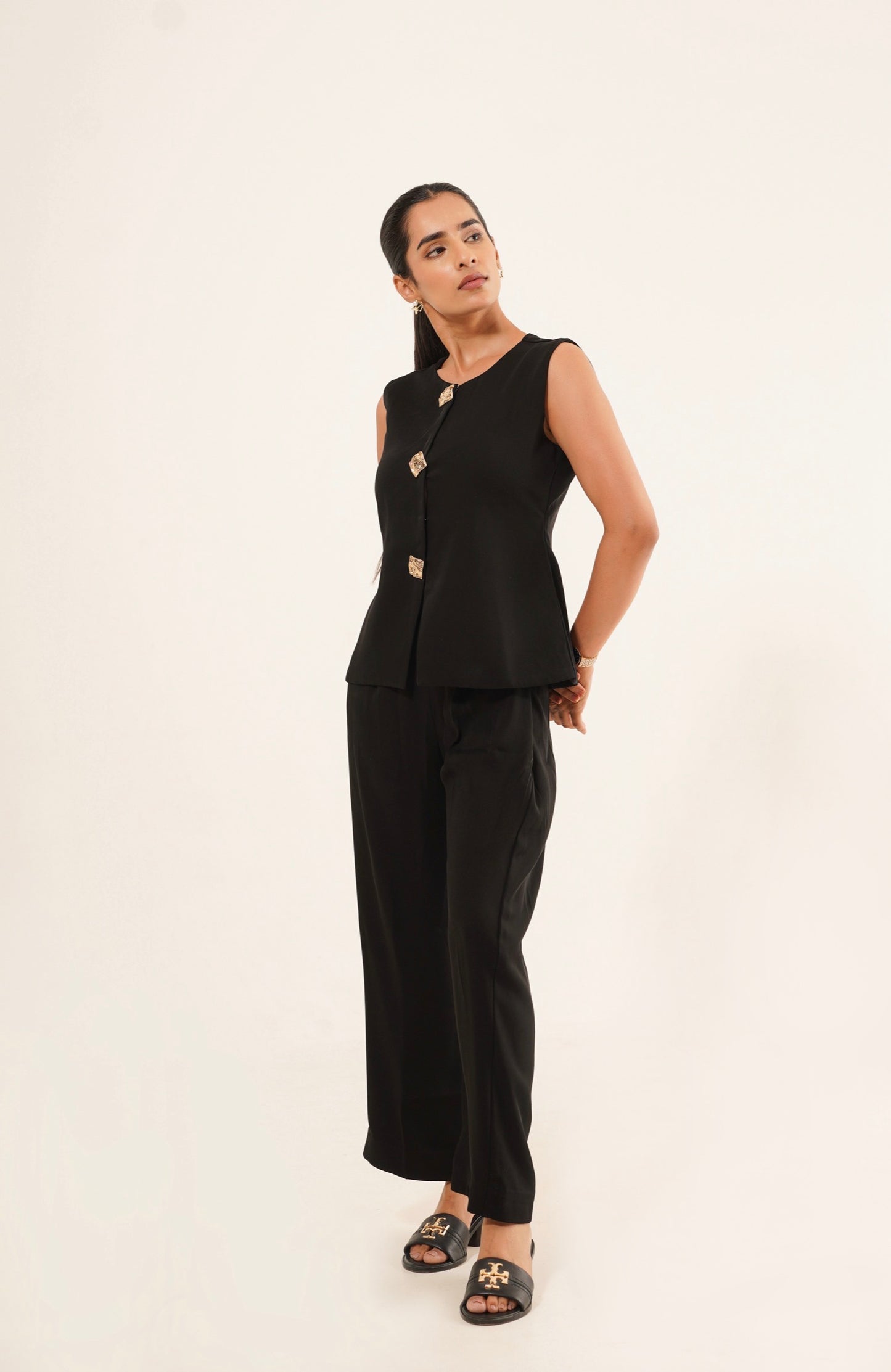 Black Gold-Button Sleeveless Pantsuit