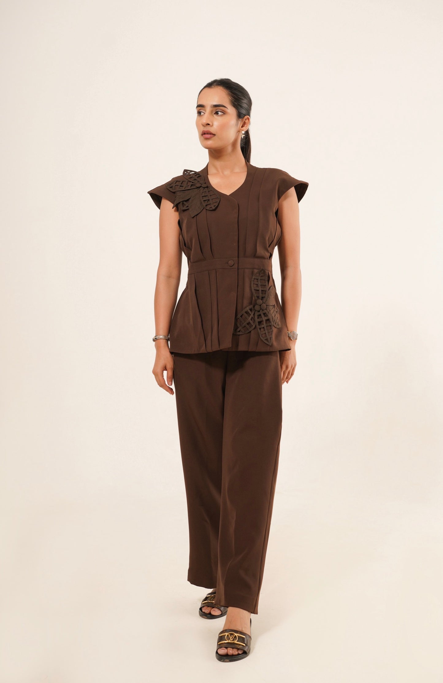 Chocolate Brown Floral Appliqué Co-Ord Set