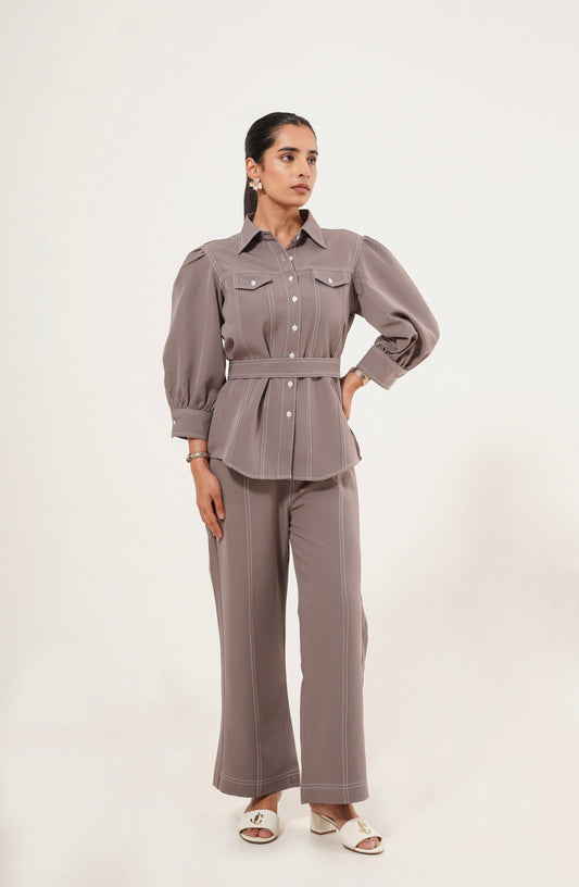 Taupe Stitch-Detail Shirt Co-Ord Set