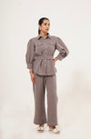 Taupe Stitch-Detail Shirt Co-Ord Set