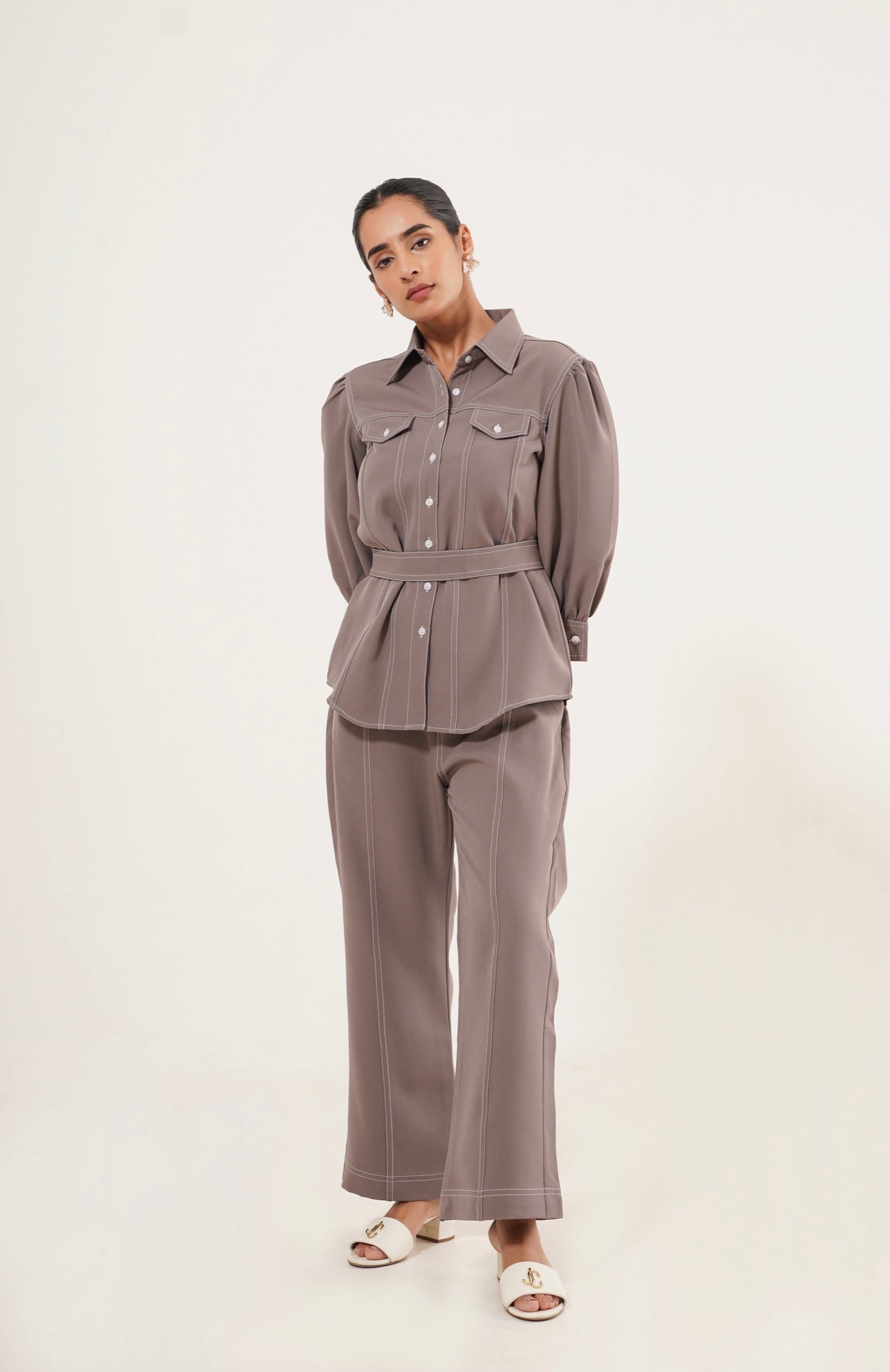 Taupe Stitch-Detail Shirt Co-Ord Set