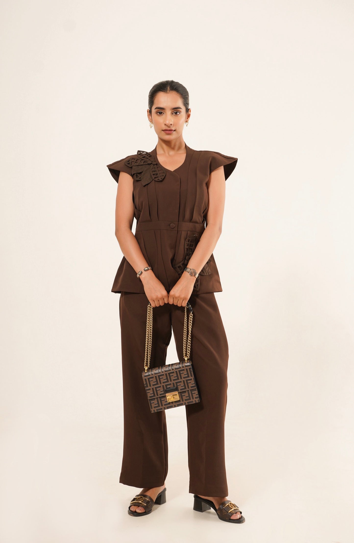 Chocolate Brown Floral Appliqué Co-Ord Set