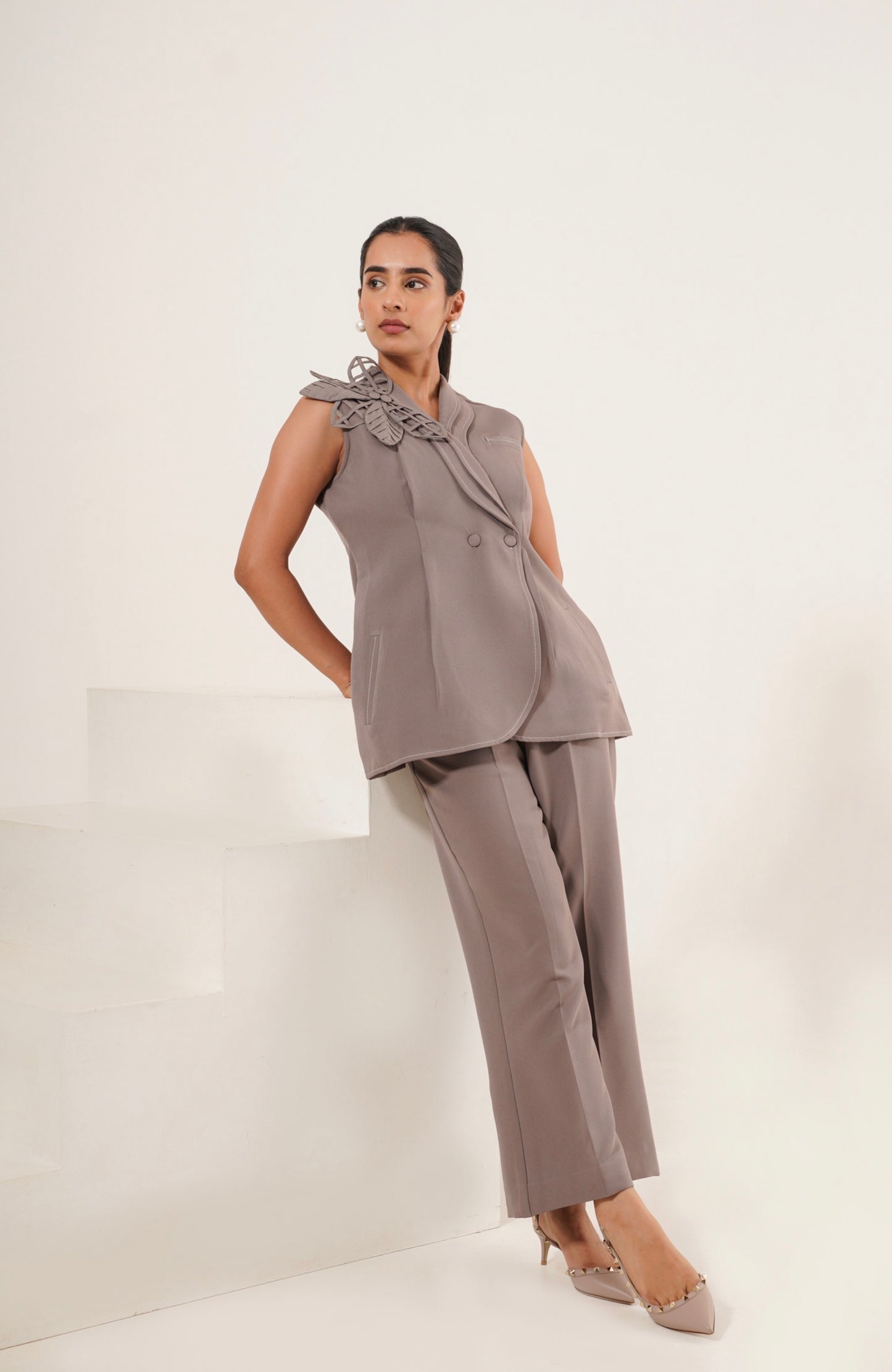 Taupe sleeveless Blazer co-ord set