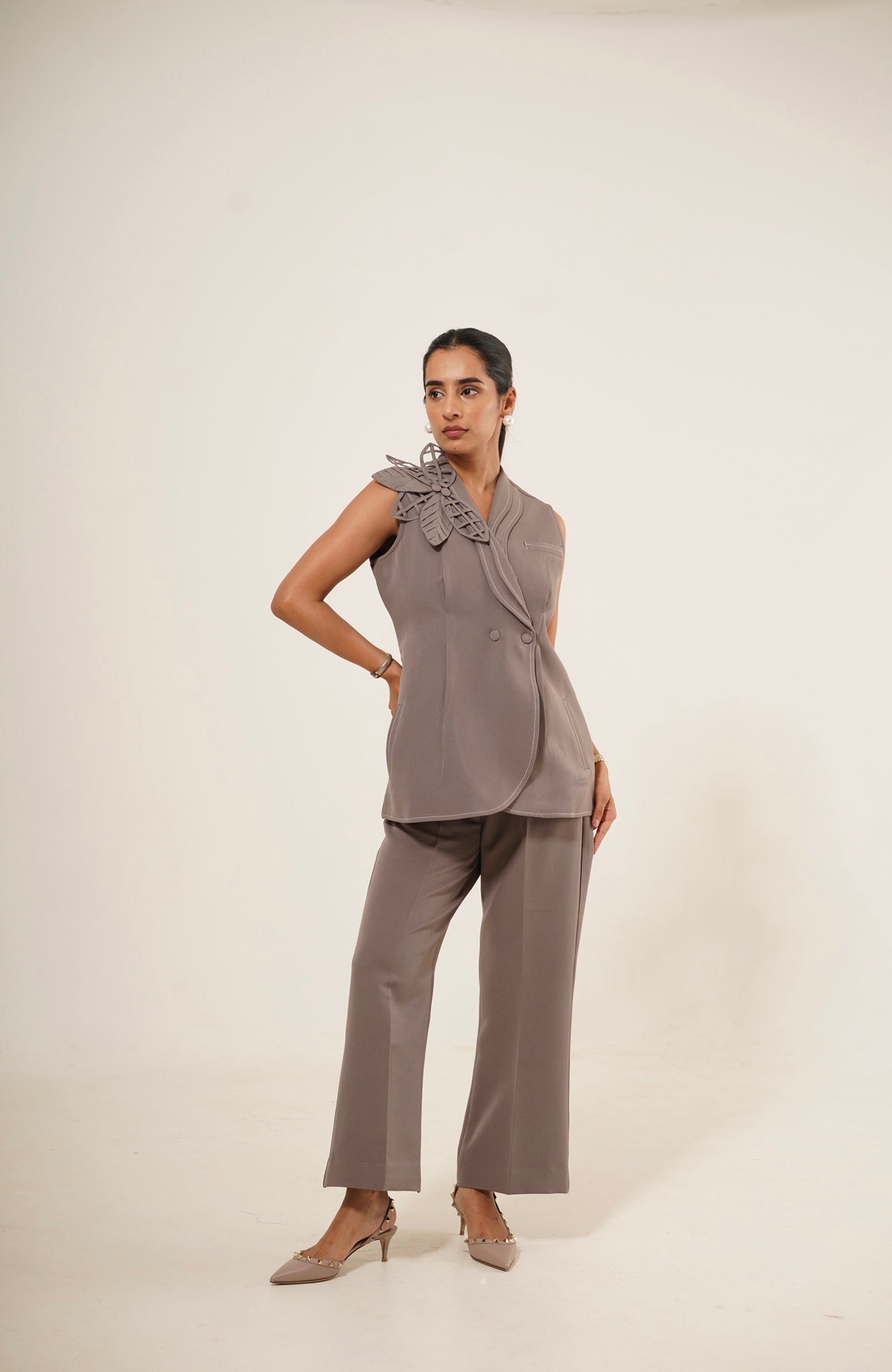 Taupe sleeveless Blazer co-ord set