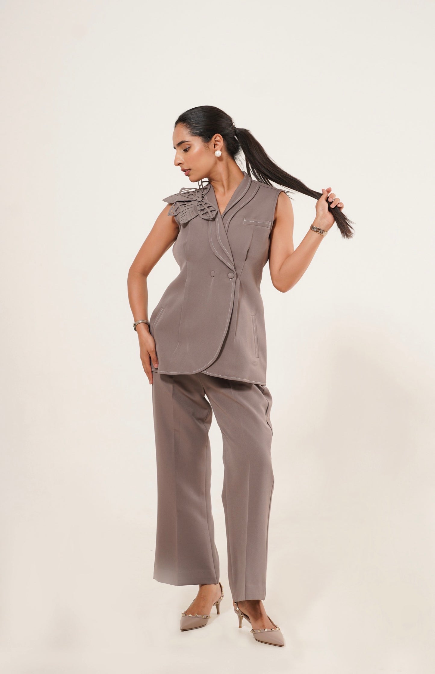 Taupe sleeveless Blazer co-ord set