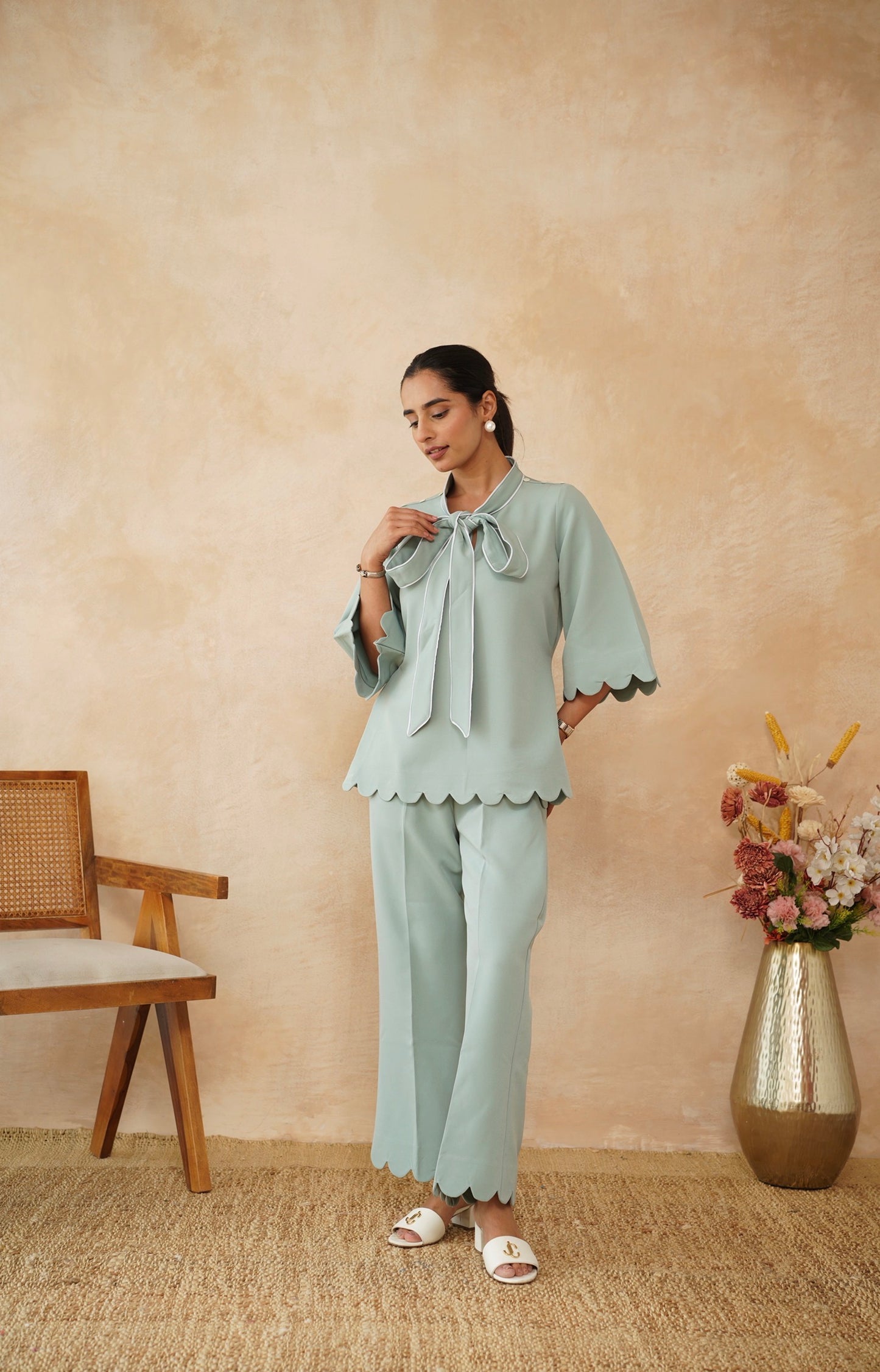 Mint Scallop Hem Tie-Up Co-Ord Set