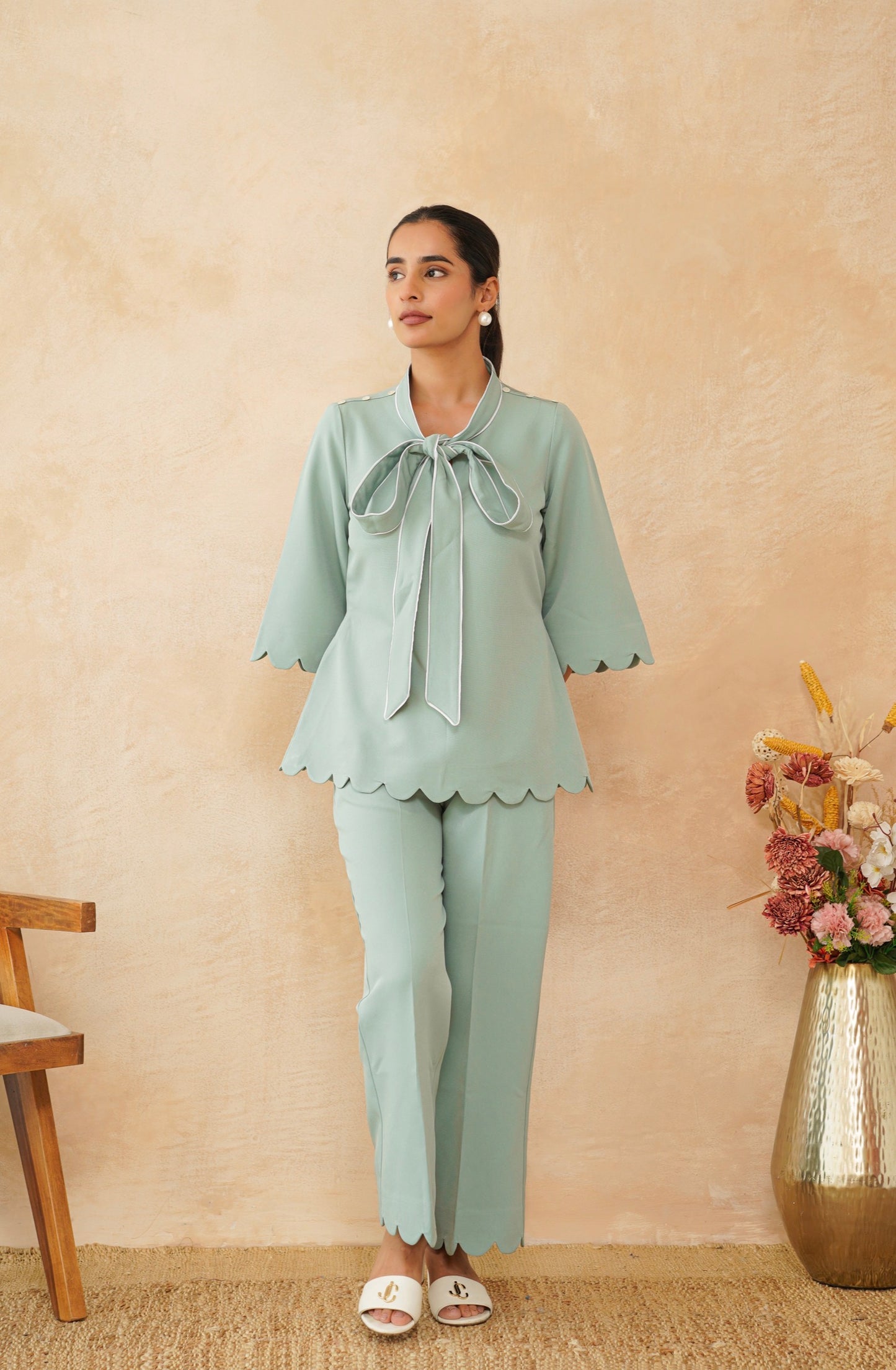 Mint Scallop Hem Tie-Up Co-Ord Set
