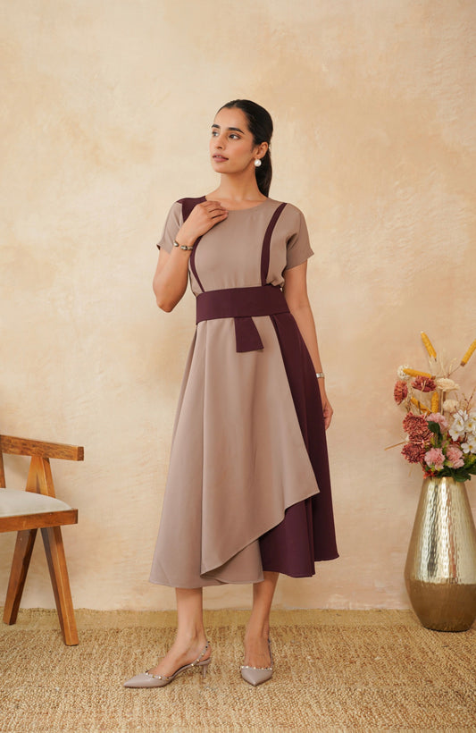 Taupe & Wine Asymmetric Panel Dress