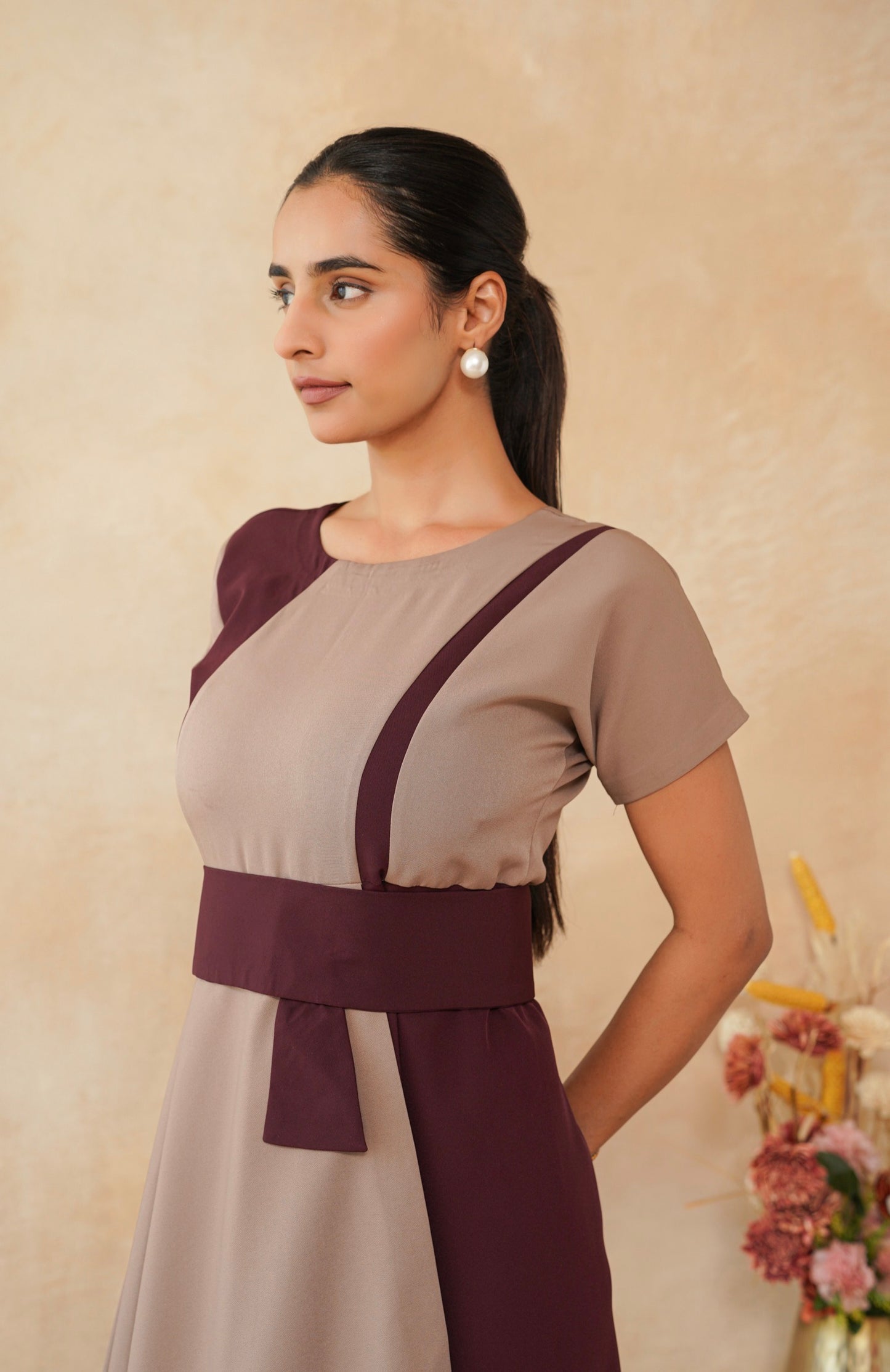 Taupe & Wine Asymmetric Panel Dress